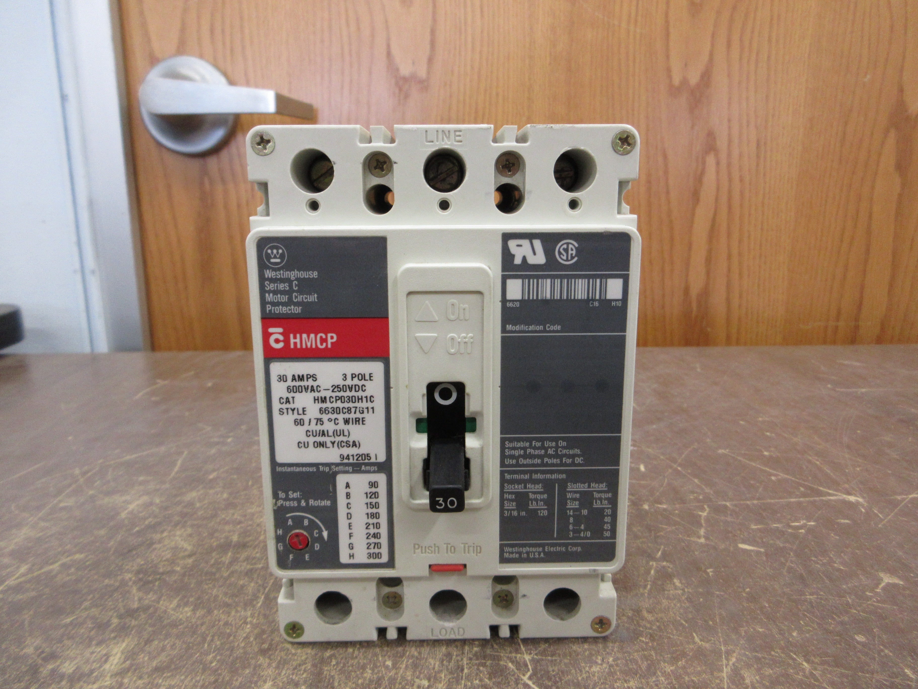 Westinghouse Circuit Breaker HMCP030H1C 30A 600V 3P Used