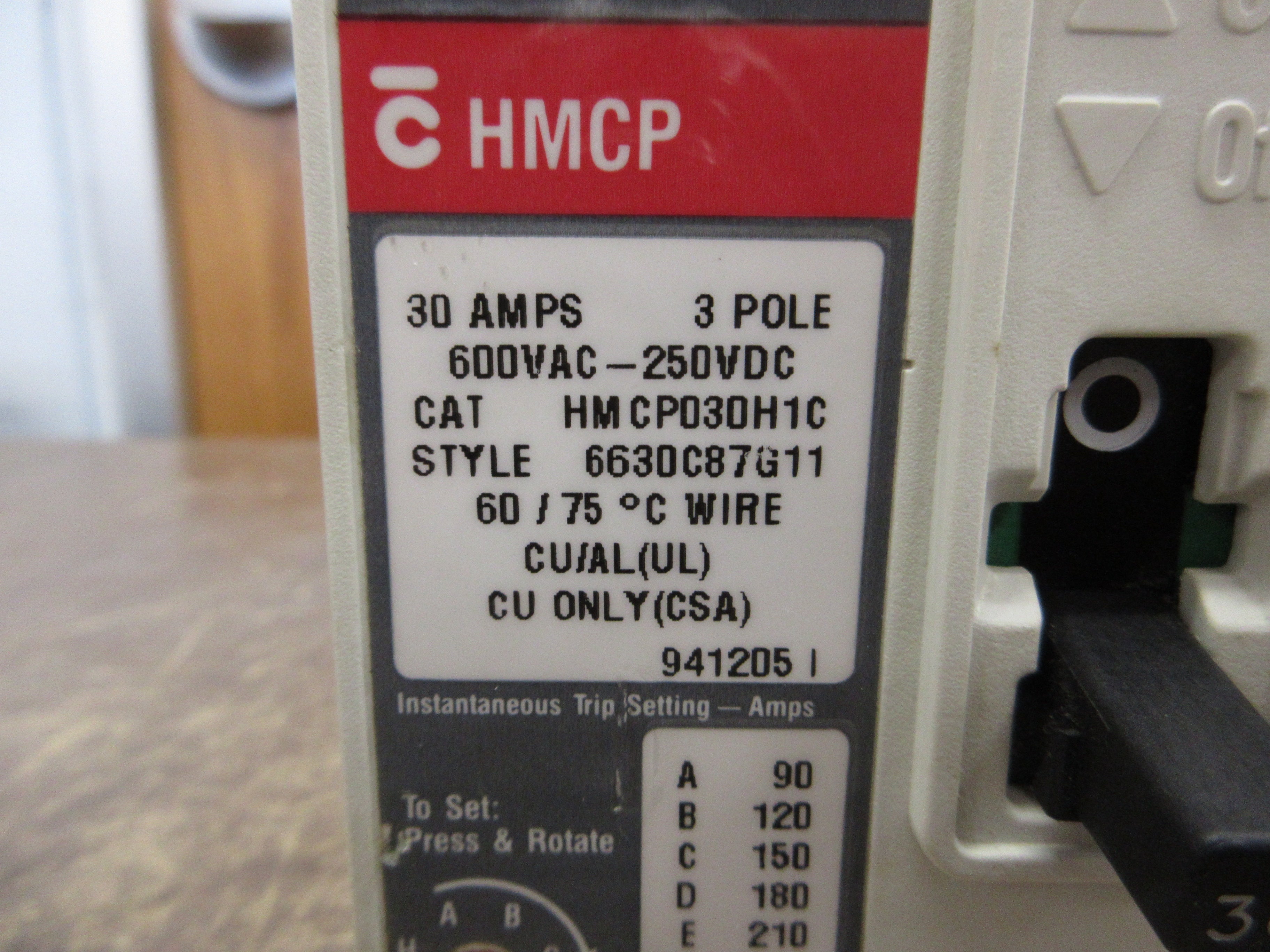 Westinghouse Circuit Breaker HMCP030H1C 30A 600V 3P Used