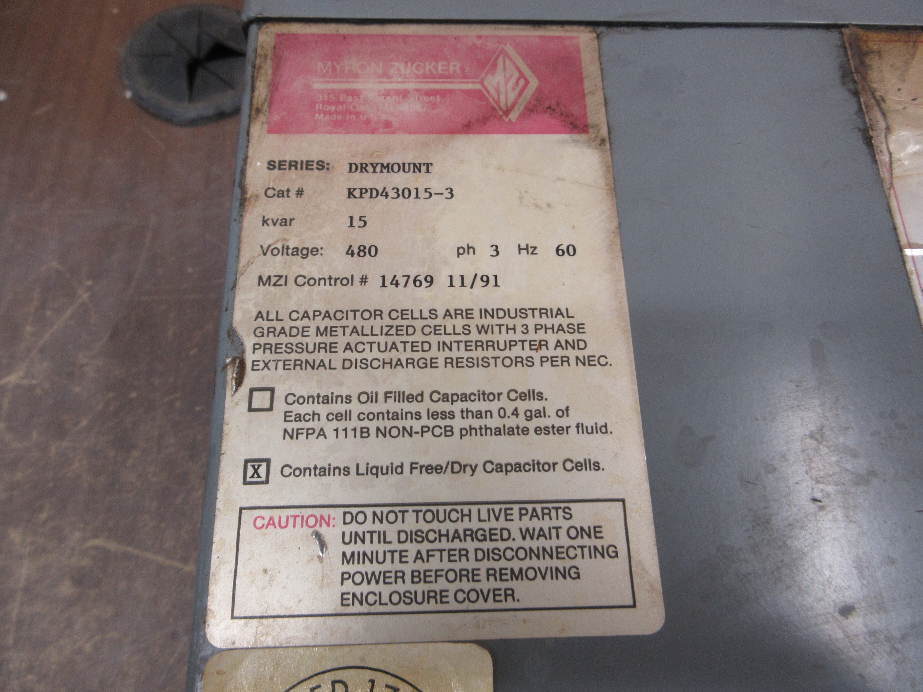 Myron Zucker Drymount Capacitor KPD43015-3 15kVAR 480V 3Ph 60Hz Used