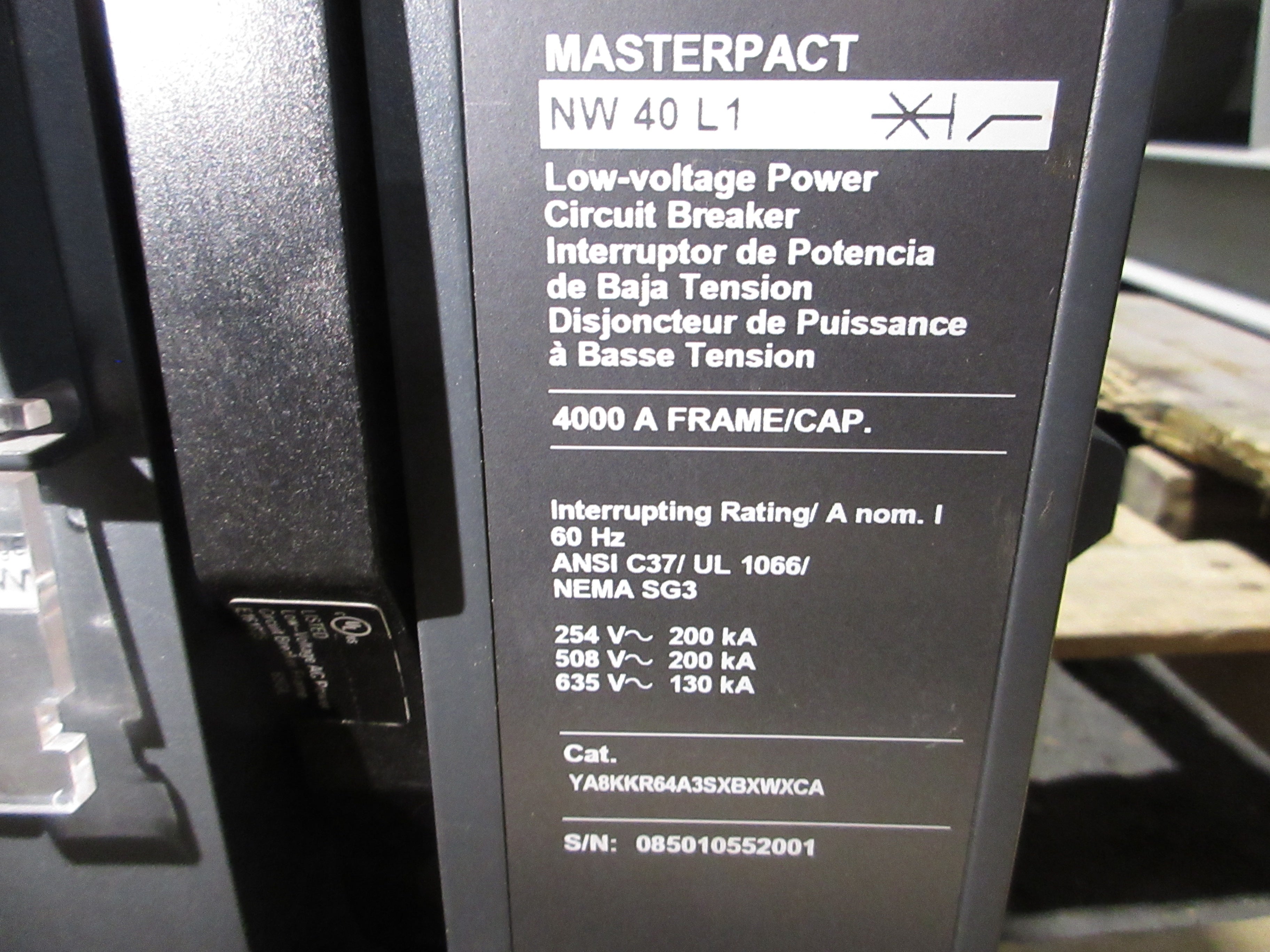 Square D Masterpact NW 40 L1 Circuit Breaker YA8KKR64A3SXBXWXCA 4000A Used