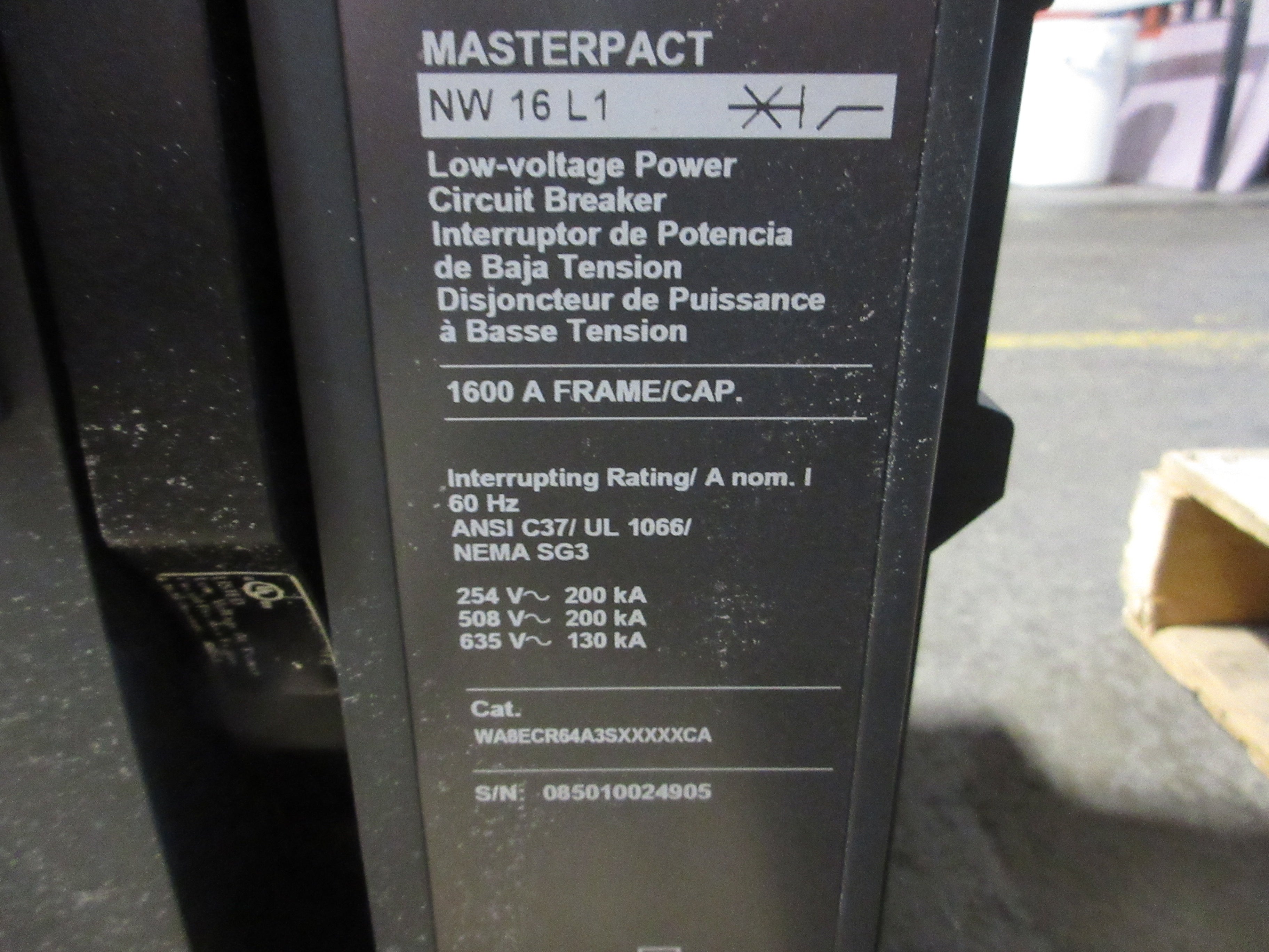 Square D Masterpact NW 16 L1 Circuit Breaker WA8ECR64A3SXXXXXCA 1600A Used