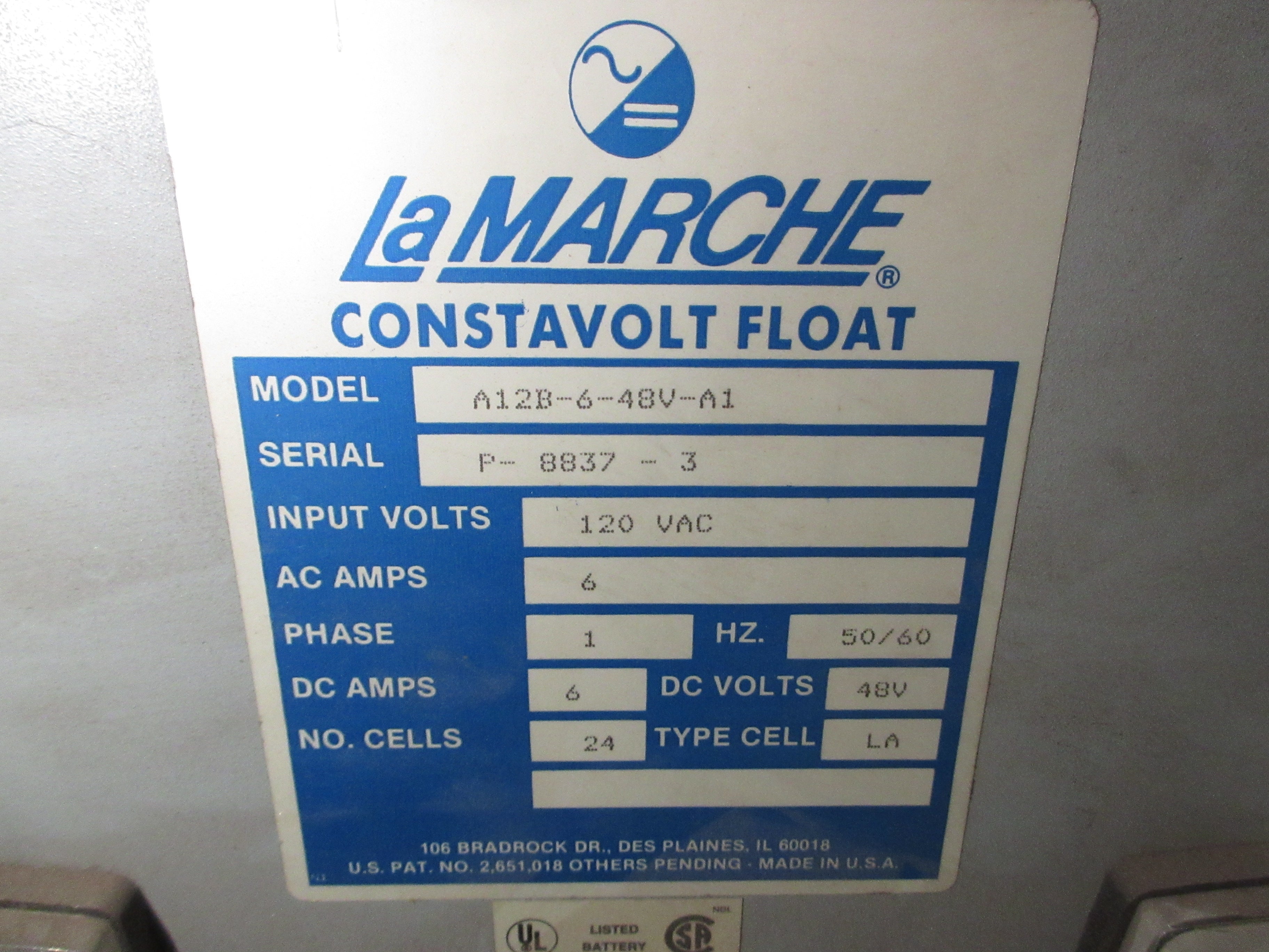 La Marche Constavolt Float Battery Charger A12B-6-48V-A1 Output: 48VDC 6A Used