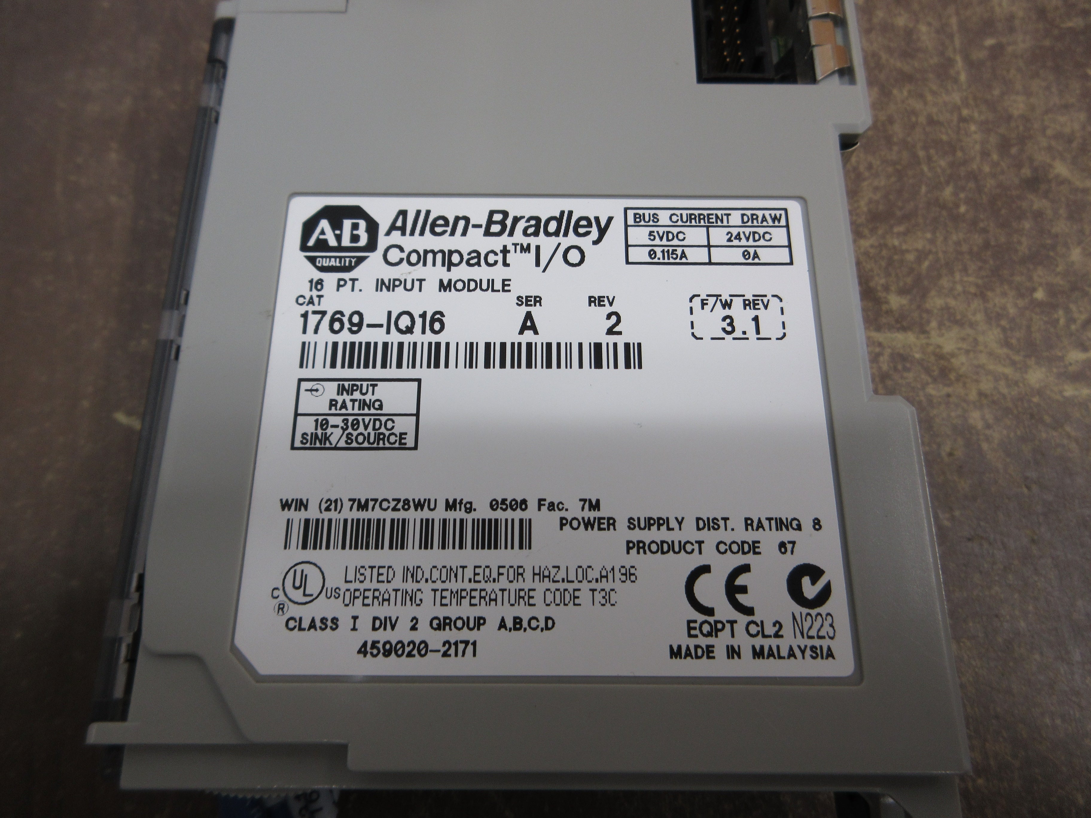 Allen-Bradley Compact I/O Input Module 1769-IQ16 Ser. A Rev. 2 F/W Rev. 3.1 Used