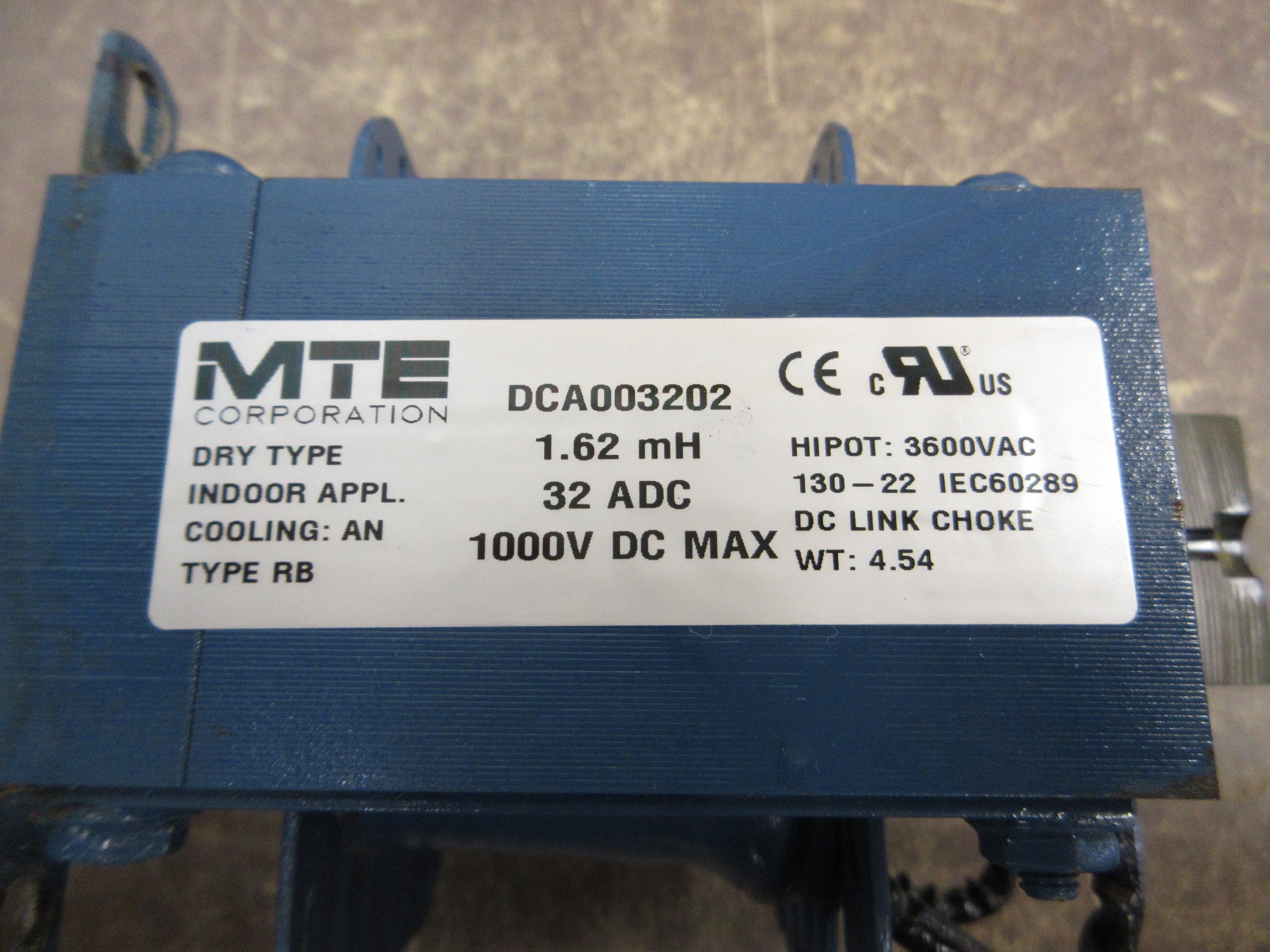 MTE DC Link Choke DCA003202 1.62mH 32 ADC 1000 VDC Used