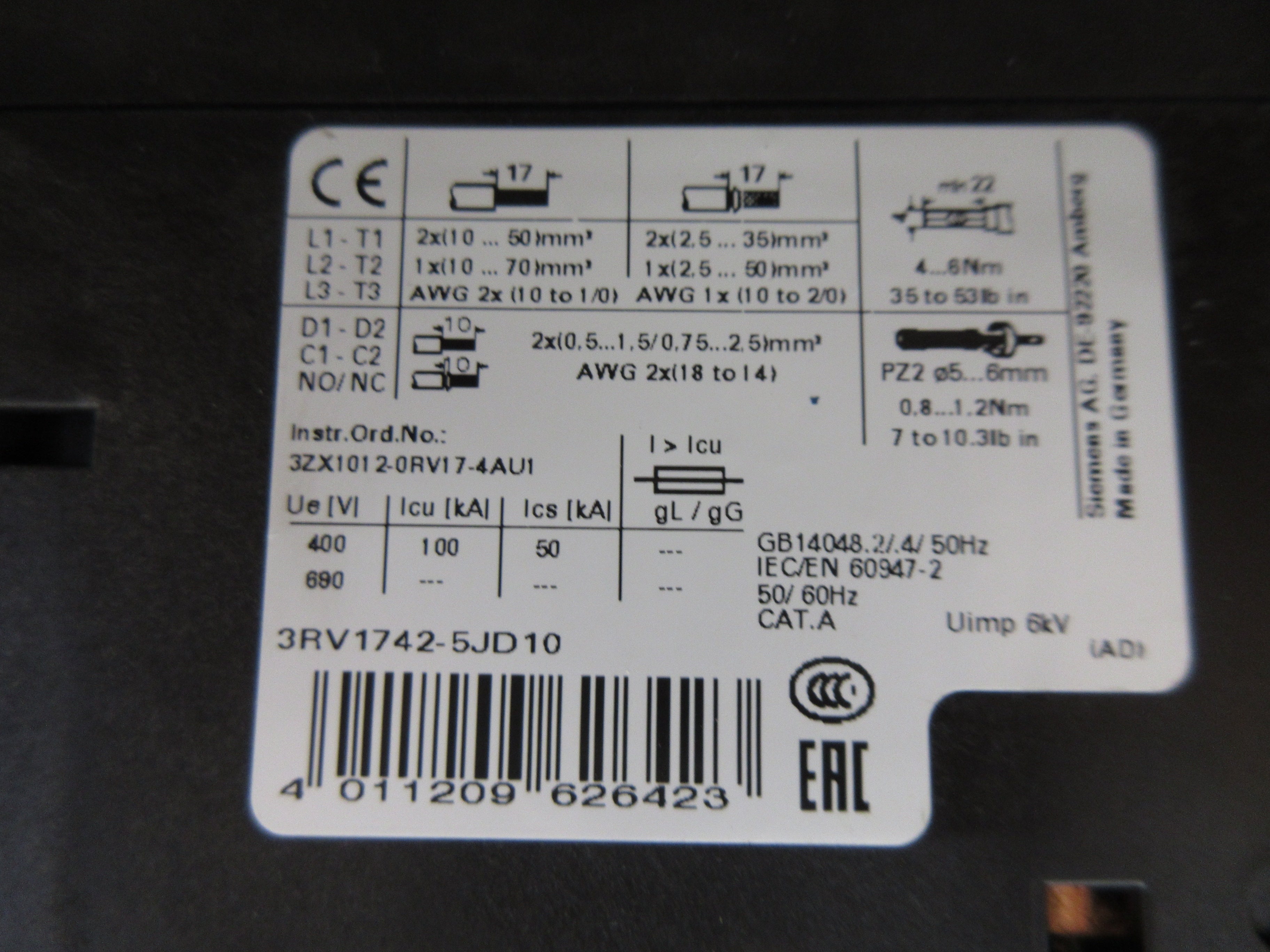 Siemens Sirius Breaker Disconnect 3RV1742-5JD10 50A 600V Used