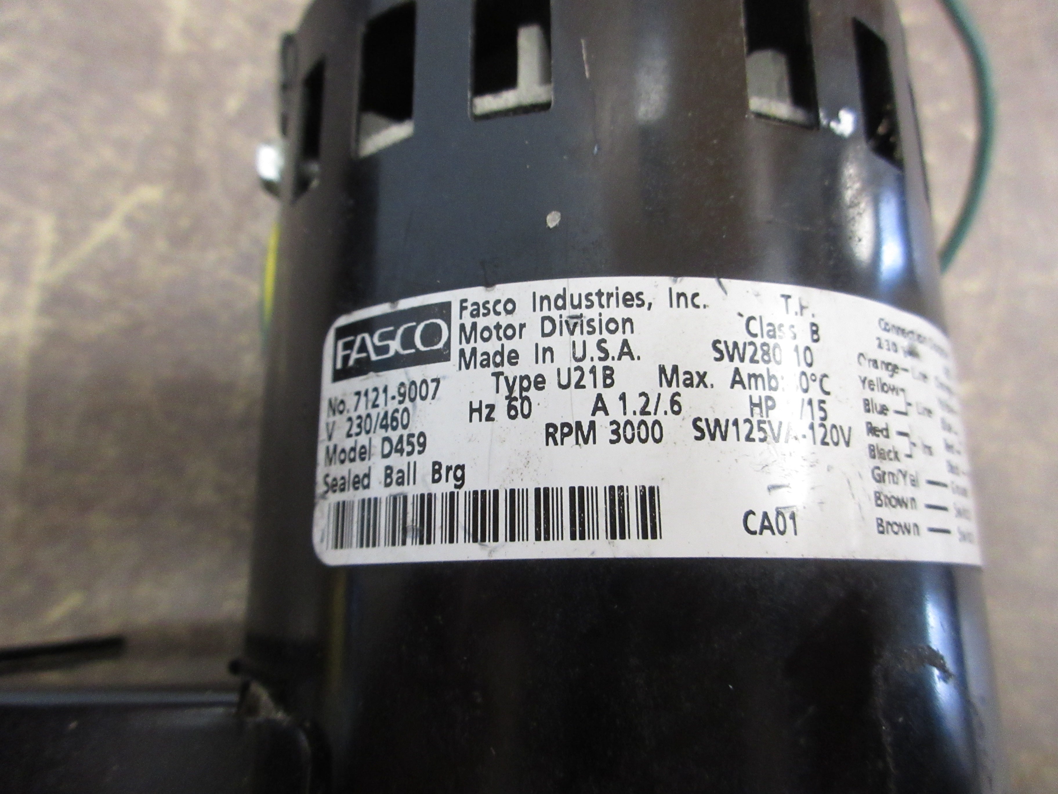 Fasco D459 Blower Motor 7121-9007 230/460V 1/15HP 3000RPM 60Hz Used