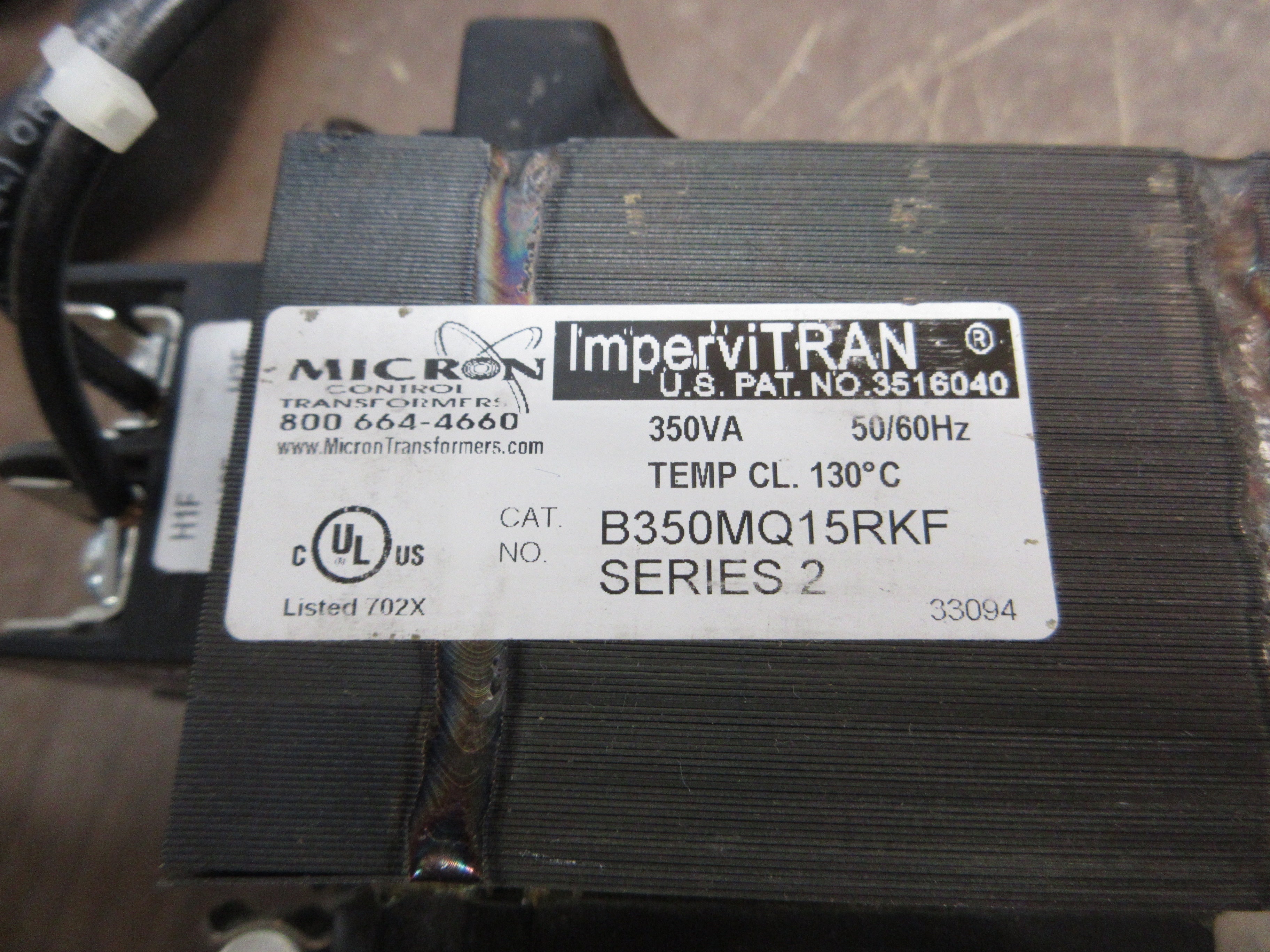 Micron ImperviTRAN Control Transformer B350MQ15RKF Ser. 2 350VA Sec: 120V Used