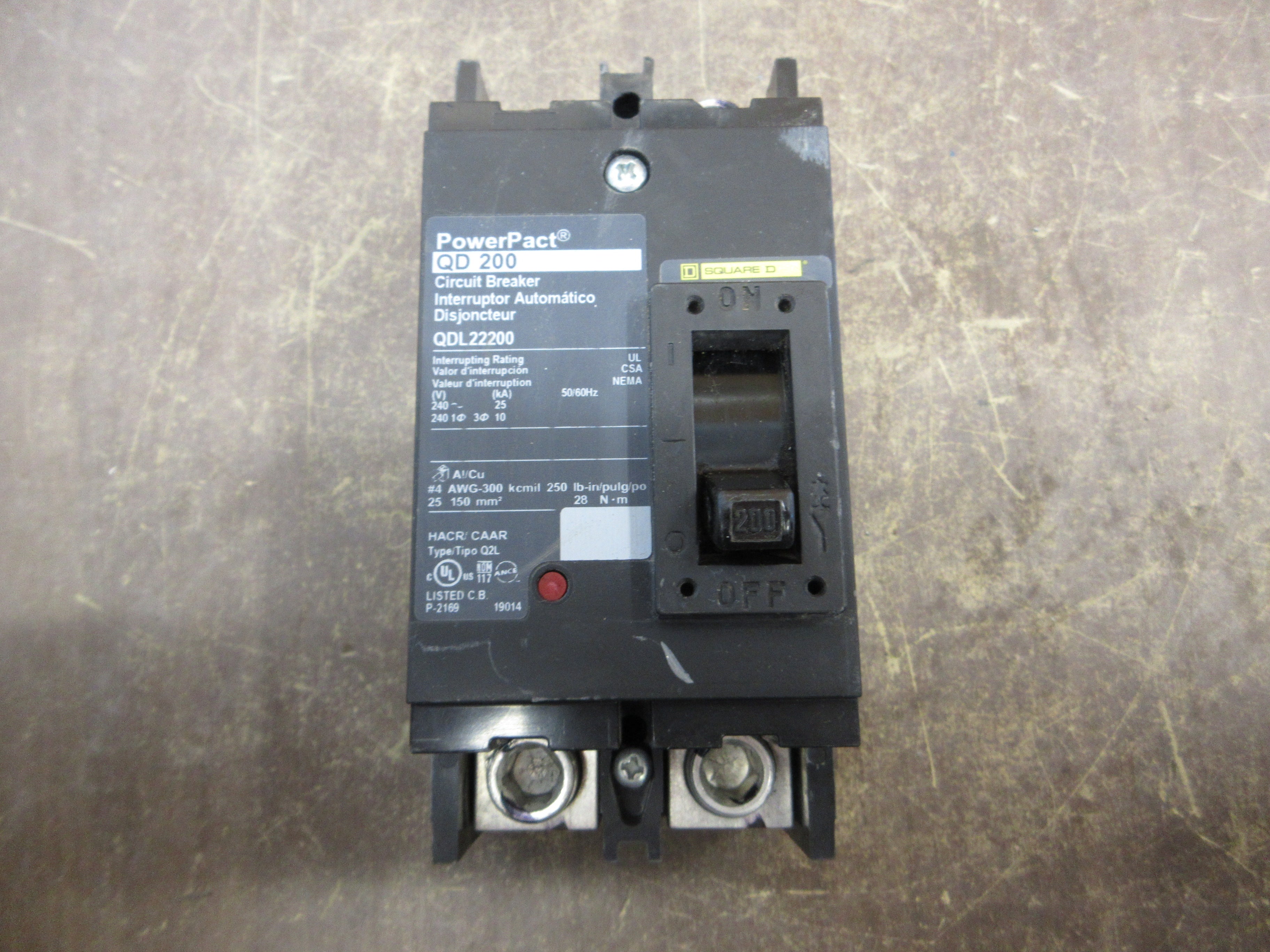 Square D PowerPact QD 200 Circuit Breaker QDL22200 200A 240V 2P Used