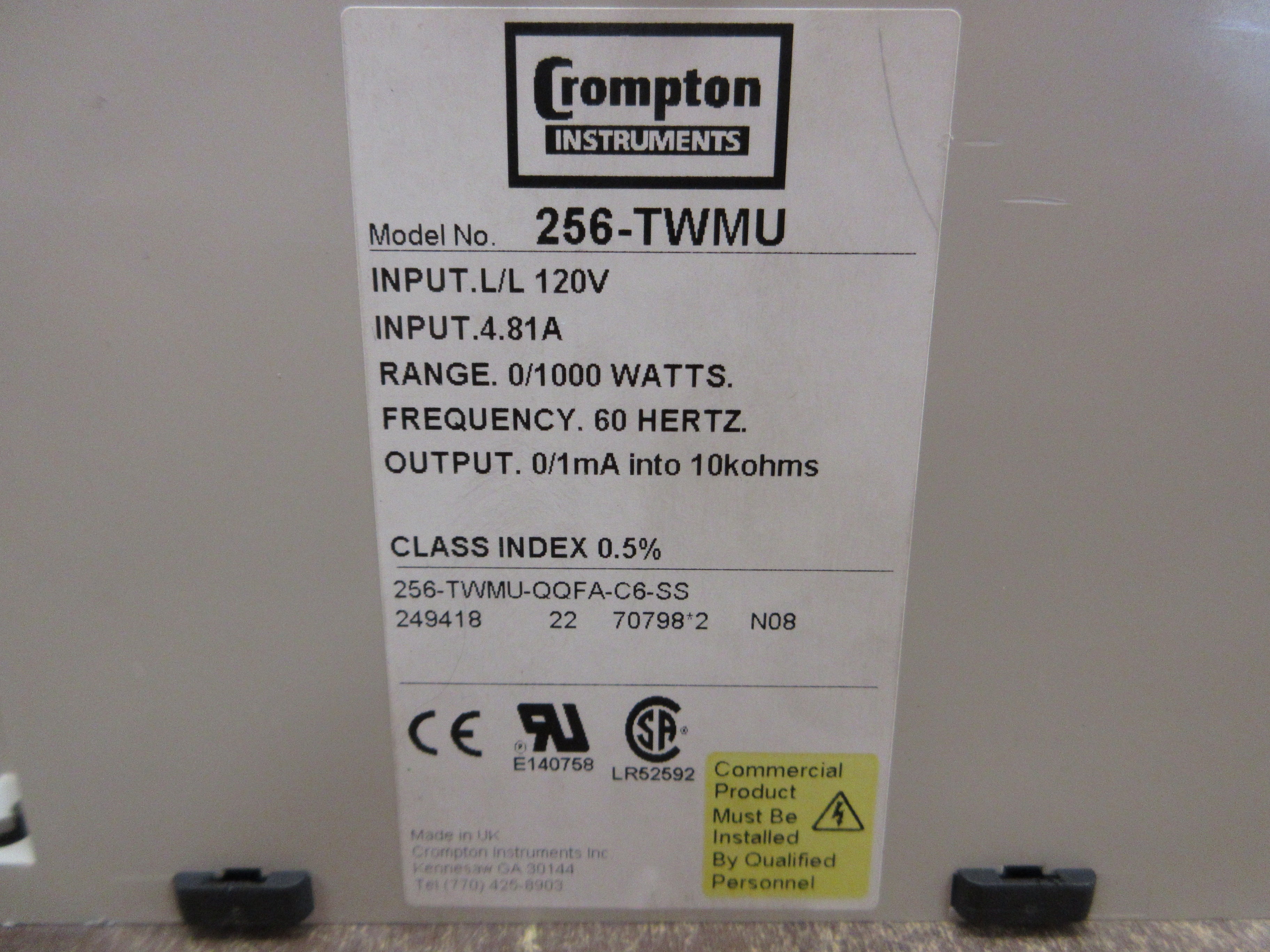 Crompton Paladin Transducer 256-TWMU-QQFA-C6-SS 120V 4.81A 60Hz Range: 0-1000W