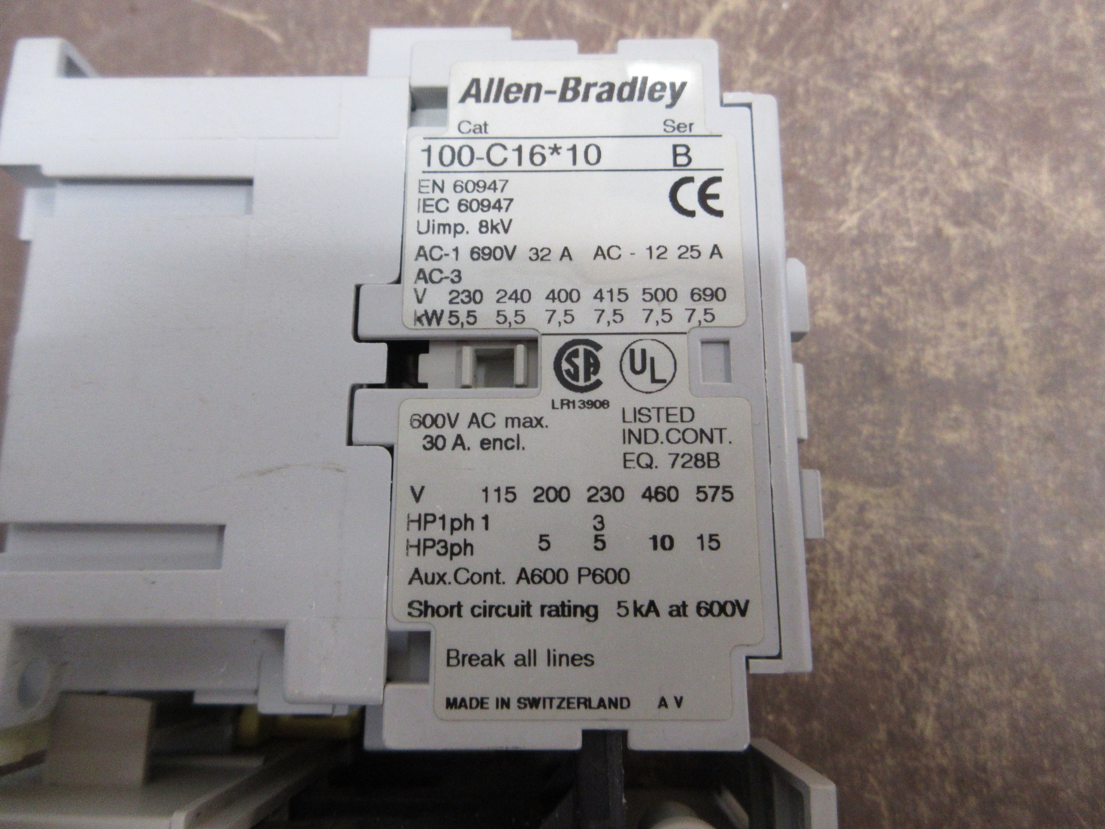 Allen-Bradley Starter 100-C16*00 / 193-EECB 120V Coil Trip: 1.0-5.0A Used