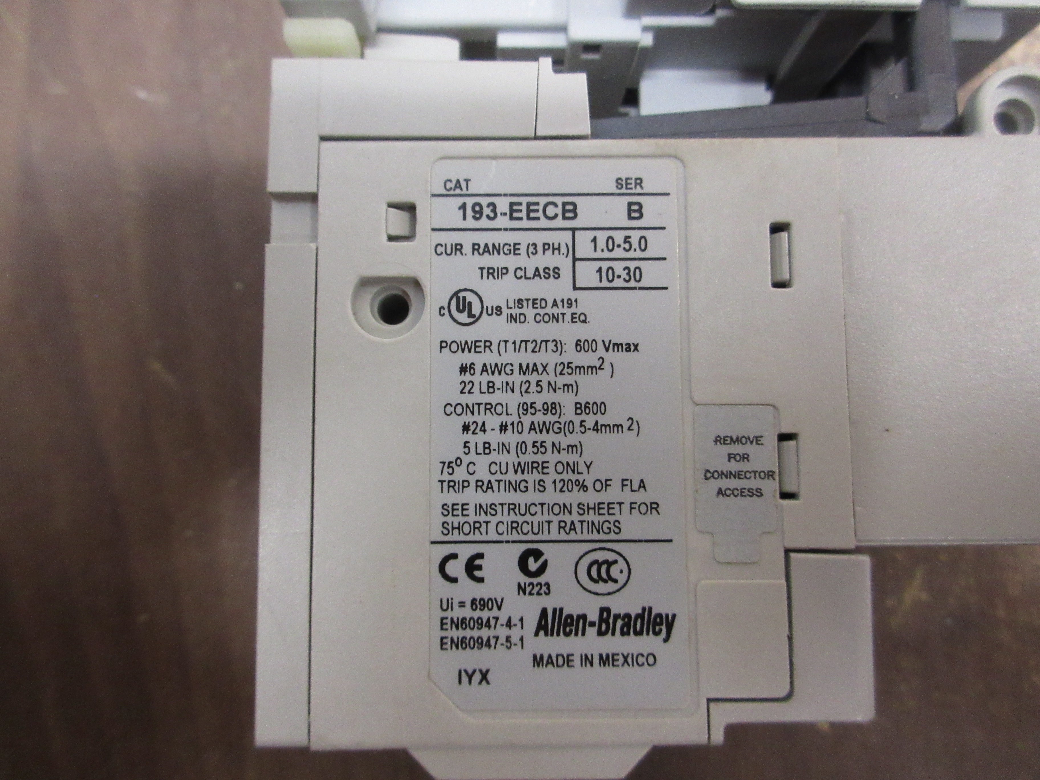 Allen-Bradley Starter 100-C16*00 / 193-EECB 120V Coil Trip: 1.0-5.0A Used
