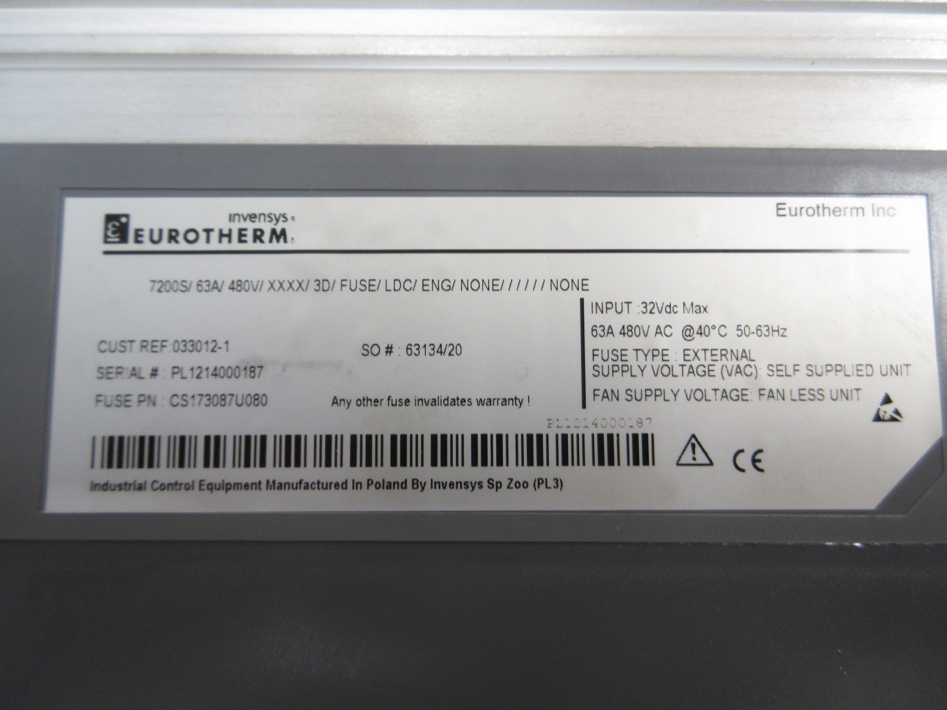 Invensys Eurotherm Solid State Relay 7200S/63A/480V/XXXX/3D/Fuse/LDC/ENG Used