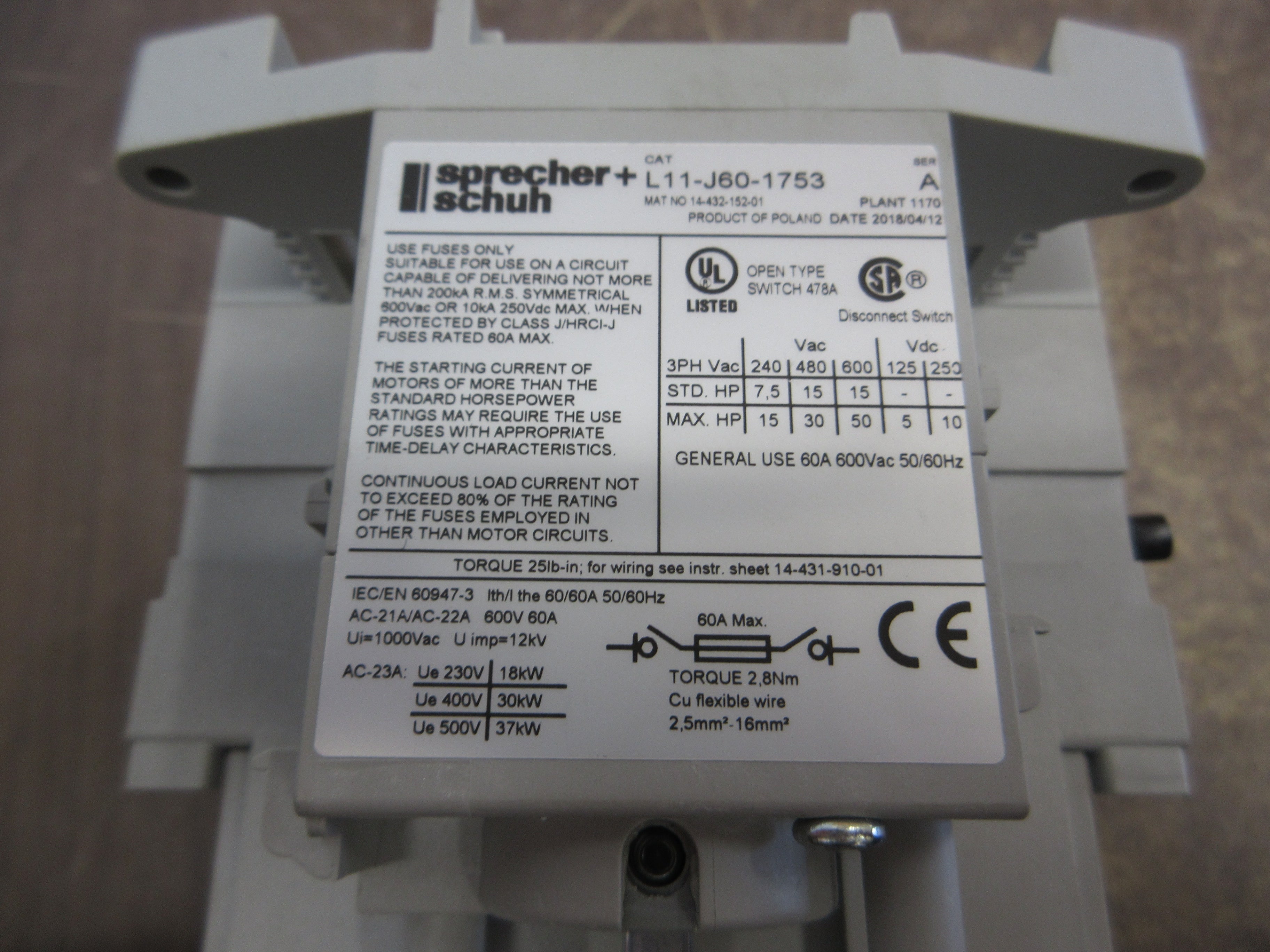 Sprecher+Schuh Fusible Disconnect Switch L11-J60-1753 Ser. A 60A 600V 3P Used