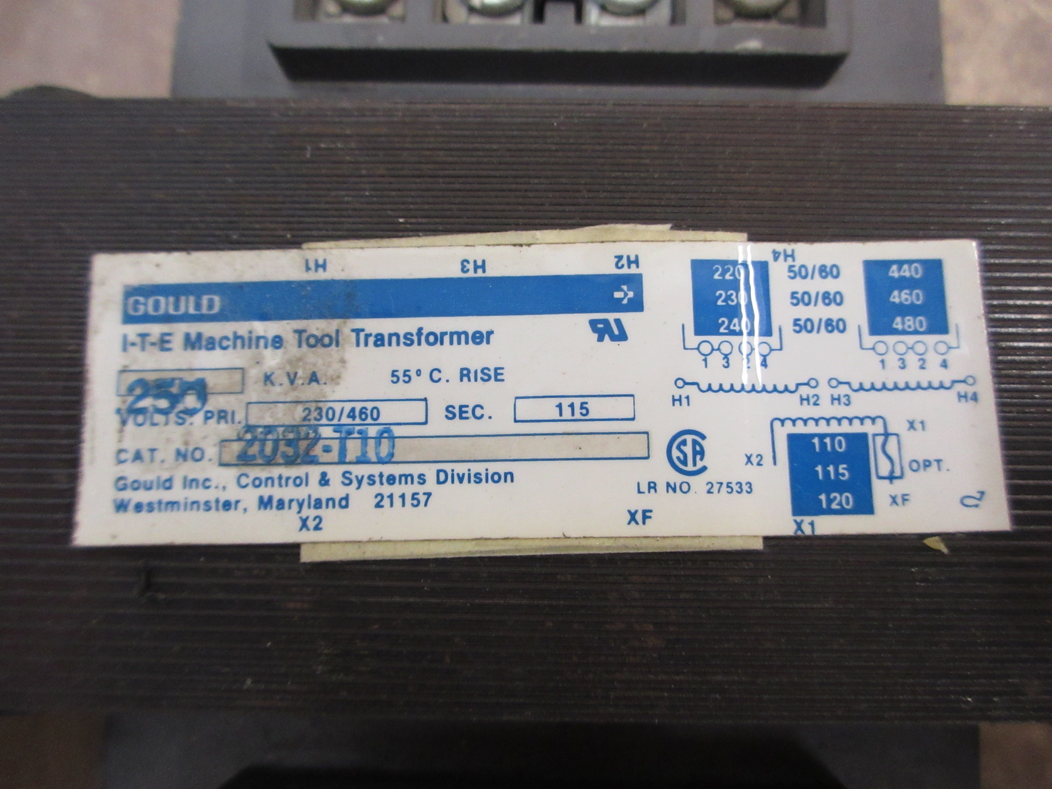 Gould ITE Transformer 2032-T10 0.250 kVA Pri: 230/460V Sec: 115V Used