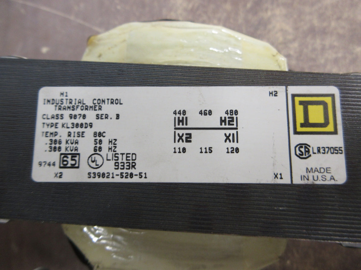 Square D Control Transformer 9070 KL300D9 Ser. B 0.300kVA Pri: 480V Sec: 120V