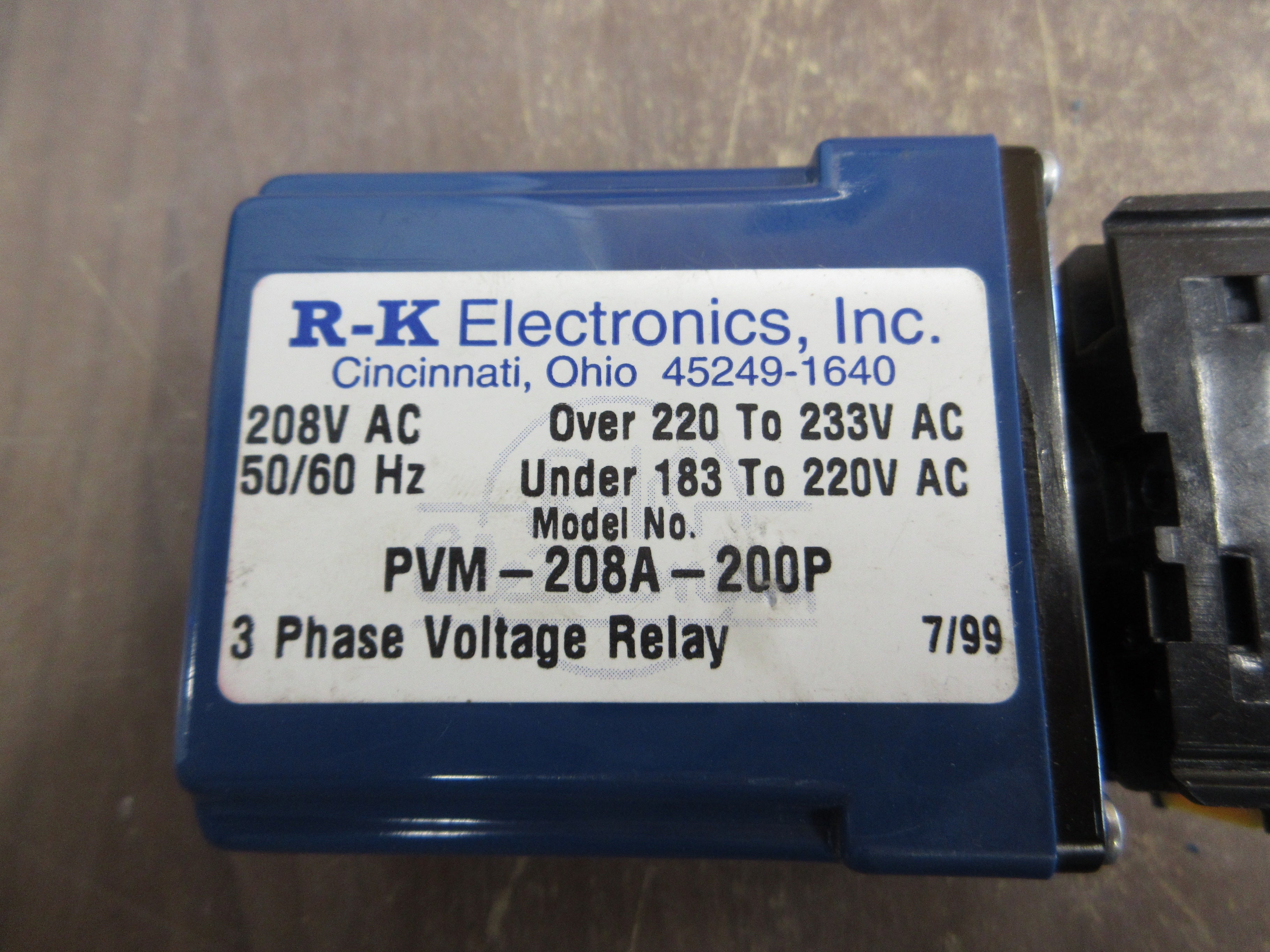 R-K Electronics 3Ph Voltage Relay PVM-208A-200P 208V 50/60Hz w/ Base Used