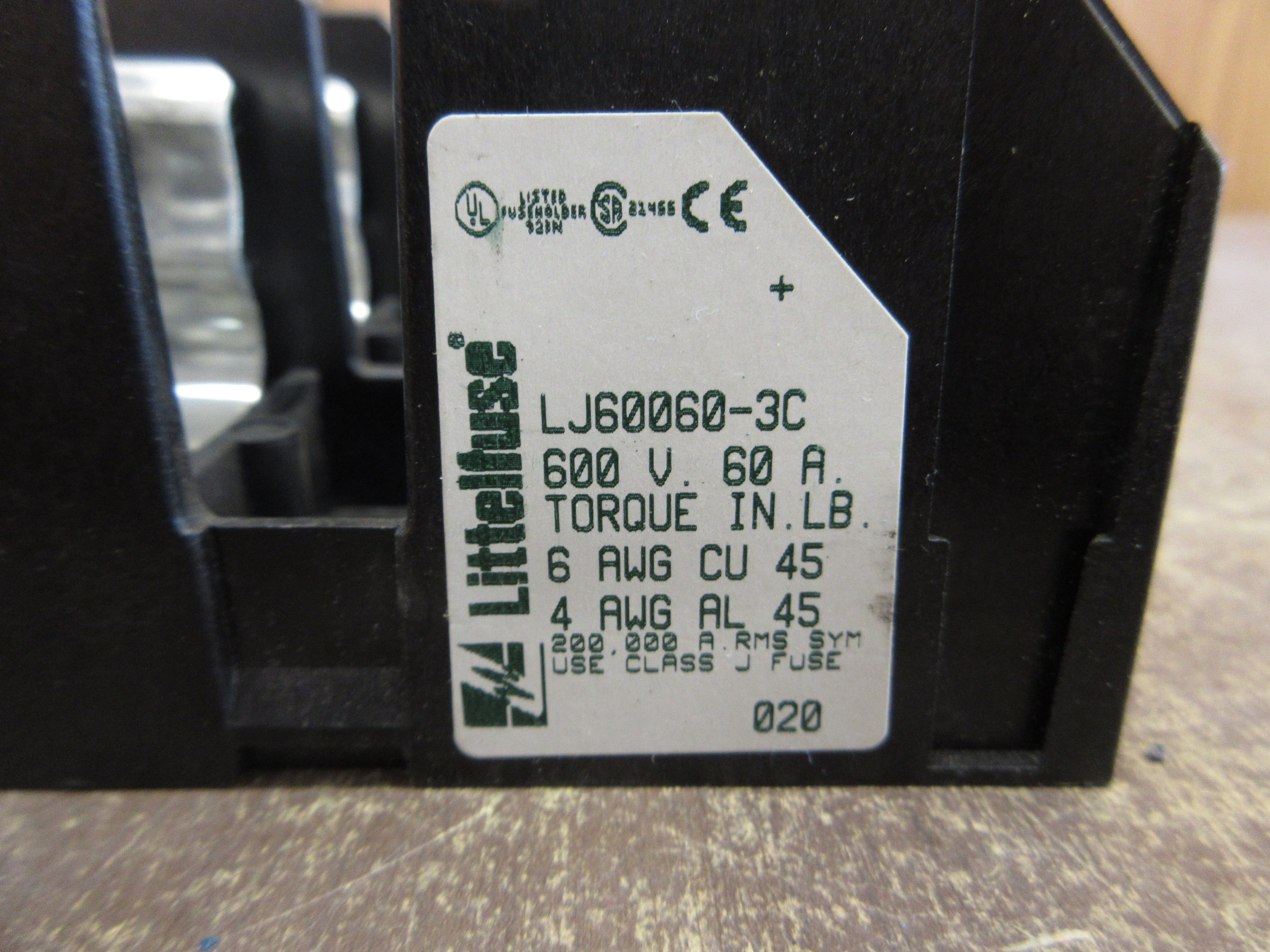 Littelfuse Fuseholder LJ60060-3C 60A 600V 3P *No Lug Screws* Used