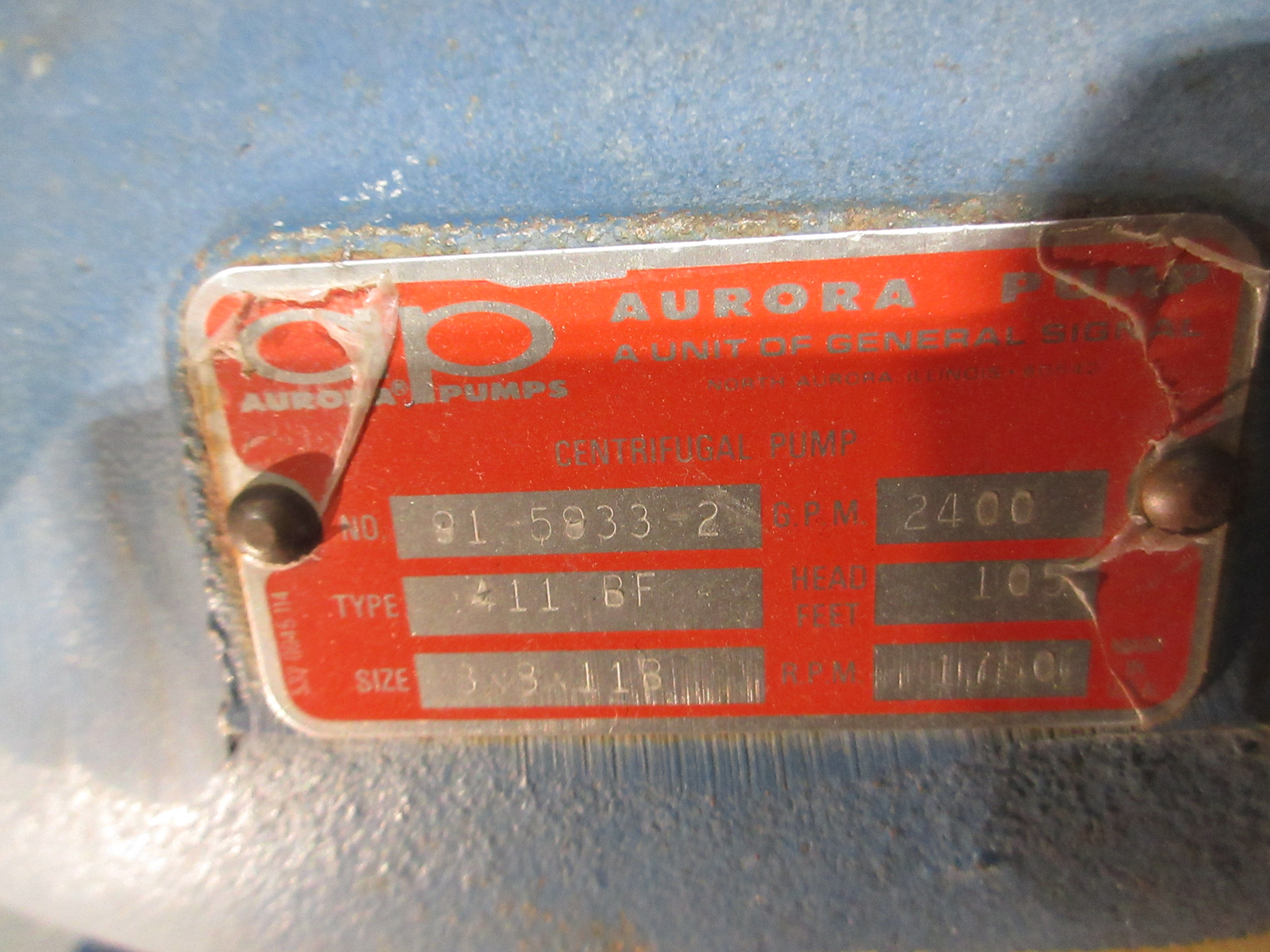 Aurora Centrifugal Pump 411 BF 8x8x11B 75HP 1750RPM 105FT Head 2400 GPM Used