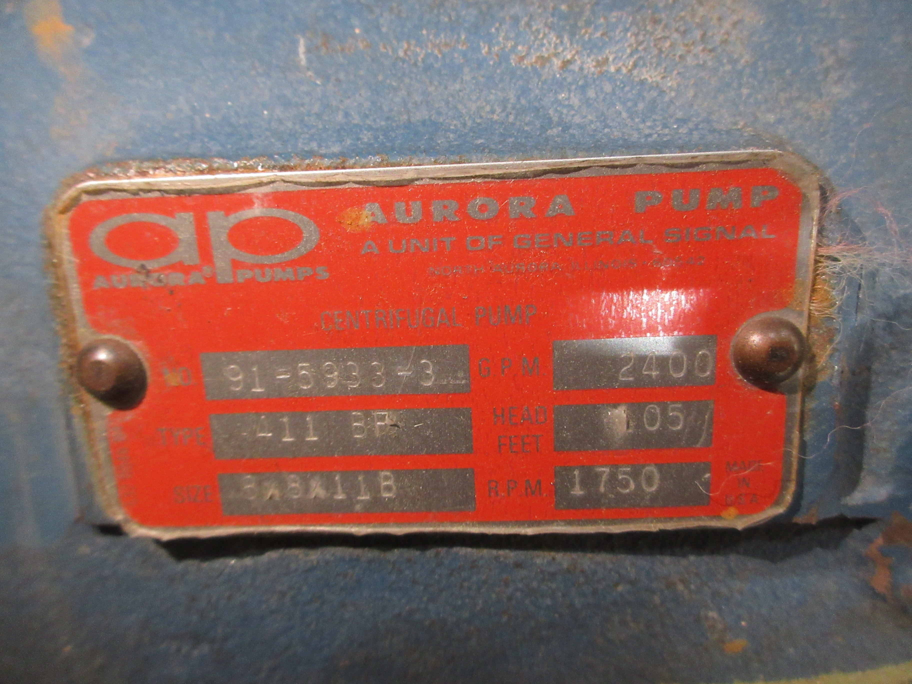 Aurora Centrifugal Pump 411 BF 8x8x11B 75HP 1750RPM 105FT Head 2400 GPM Used