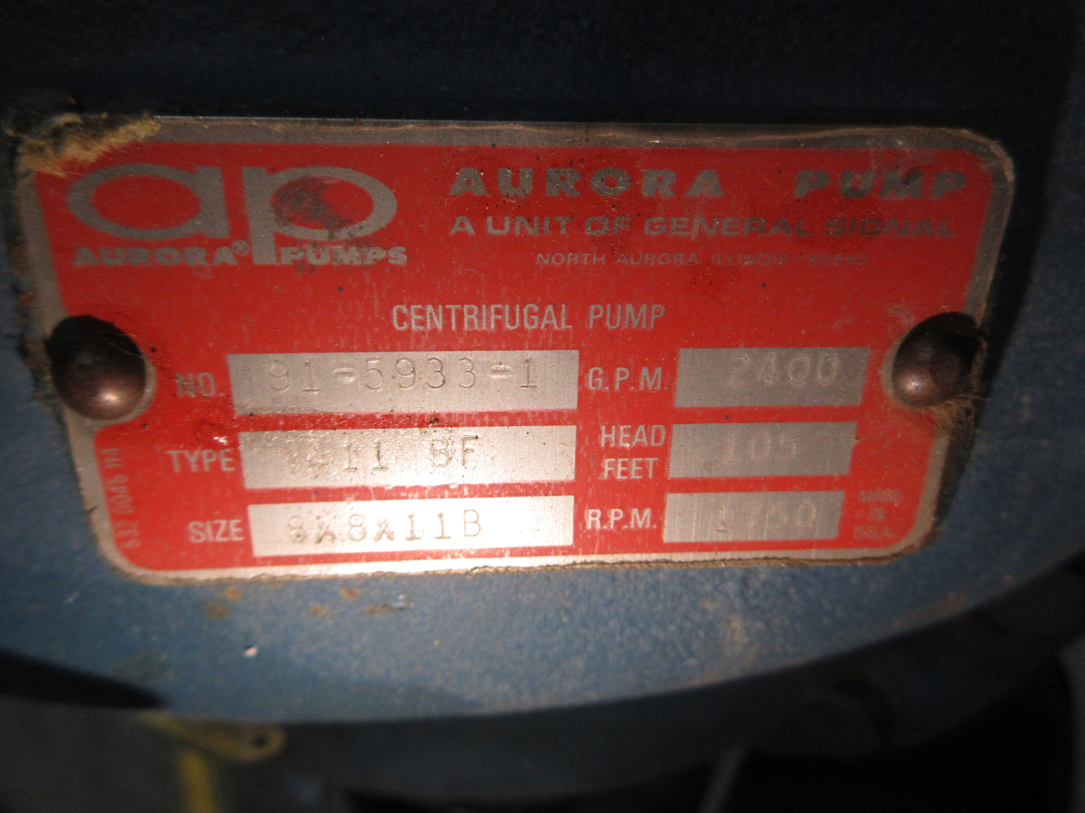 Aurora Centrifugal Pump 411 BF 8x8x11B 75HP 1750RPM 105FT Head 2400 GPM Used