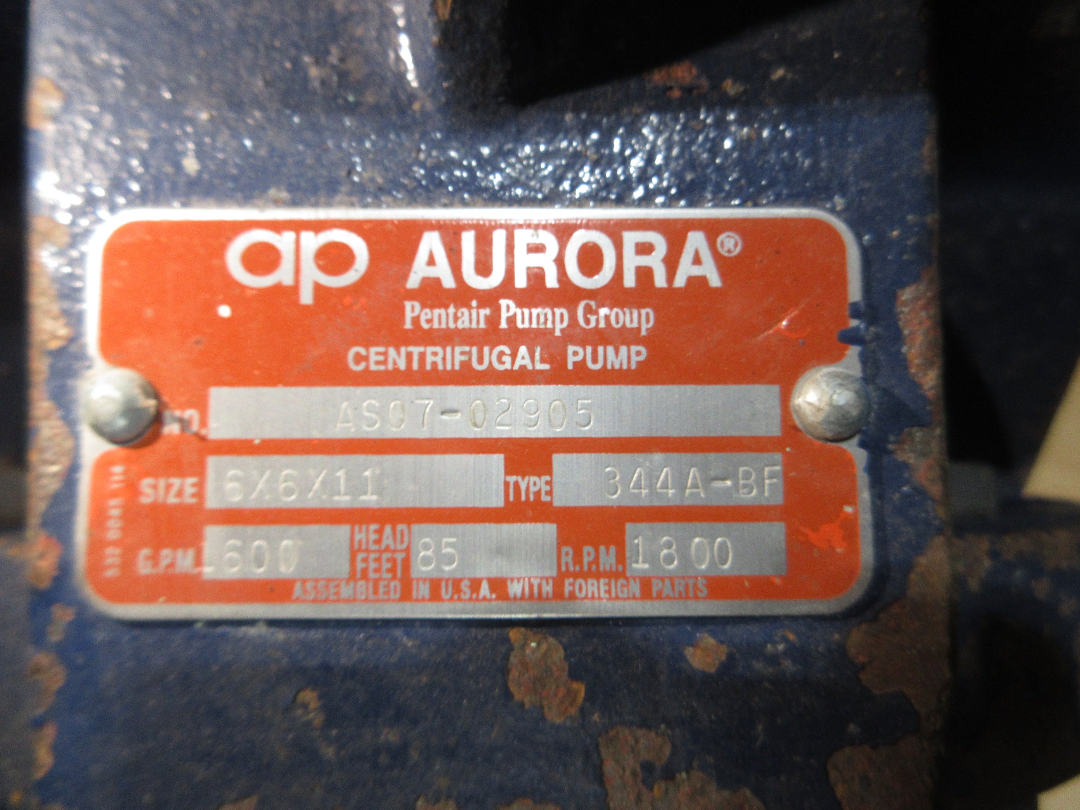 Aurora Centrifugal Pump 344A-BF 6x6x11 40HP 1600GPM 1800RPM 85FT Head Used