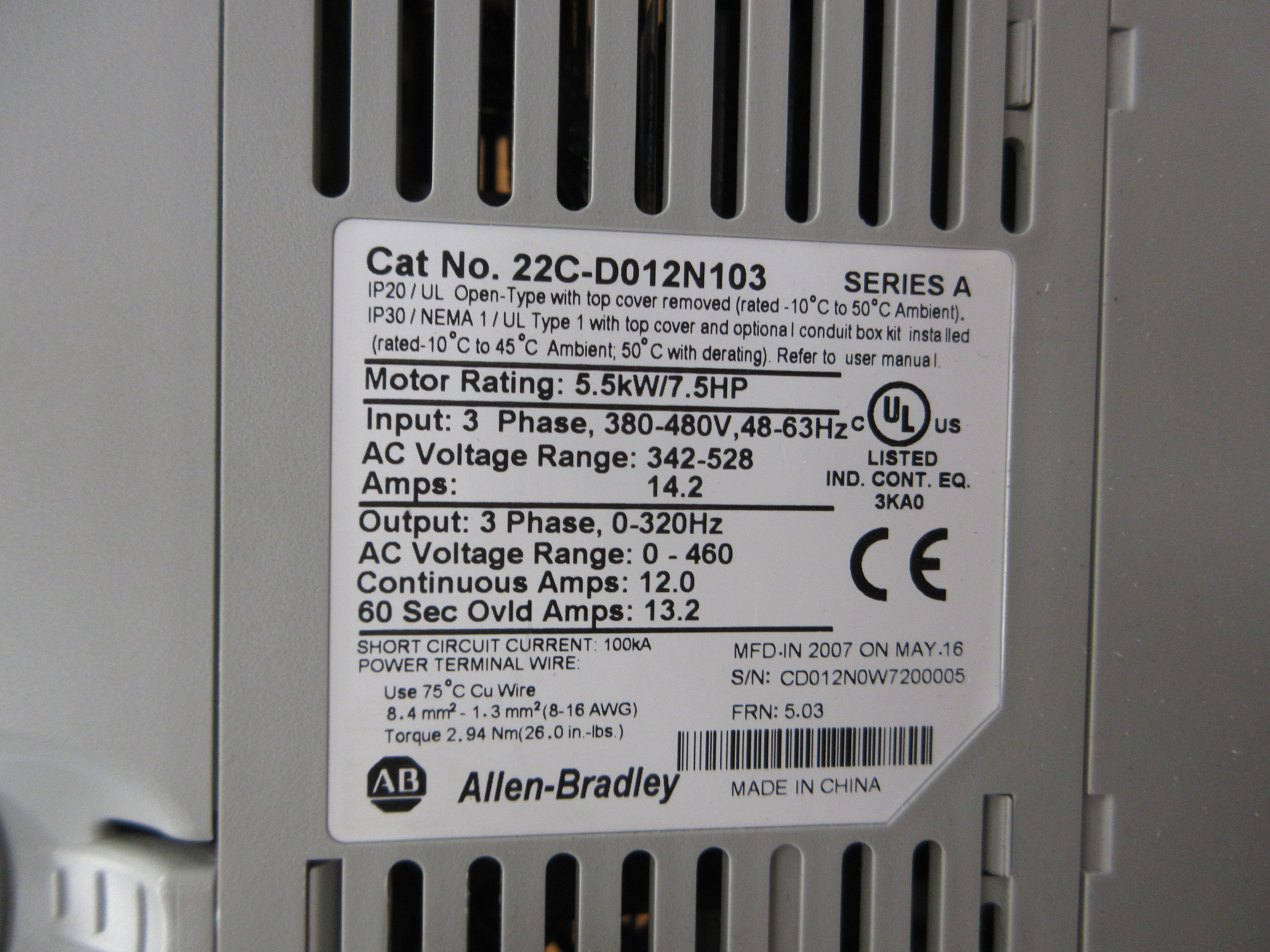 Allen-Bradley PowerFlex 400 AC Drive w/ Bypass 22C-D012N103 Ser. A 7.5HP Used