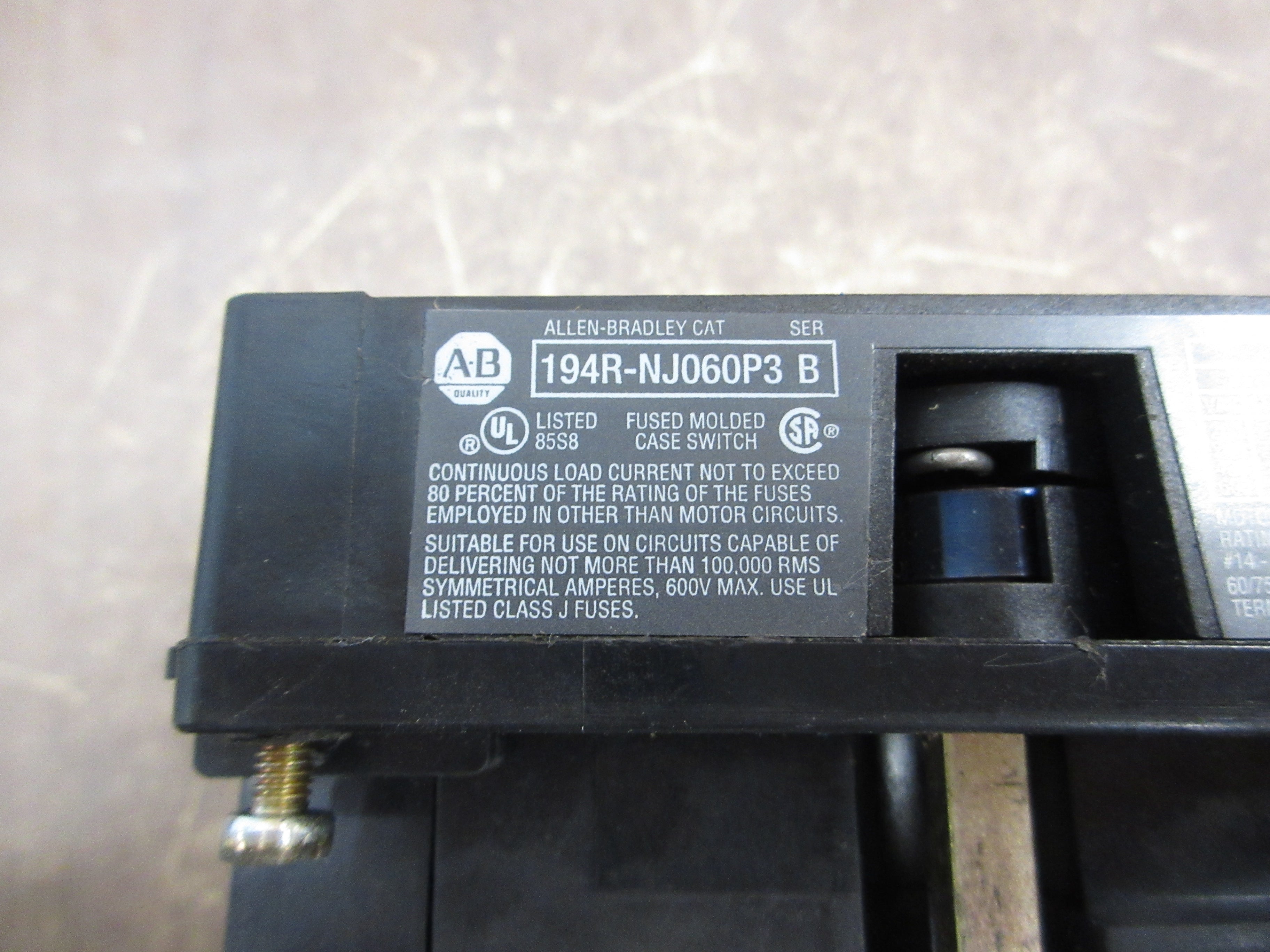 Allen-Bradley Fusible Disconnect Switch 194R-NJ060P3 Ser. B 60A 600V 3P Used
