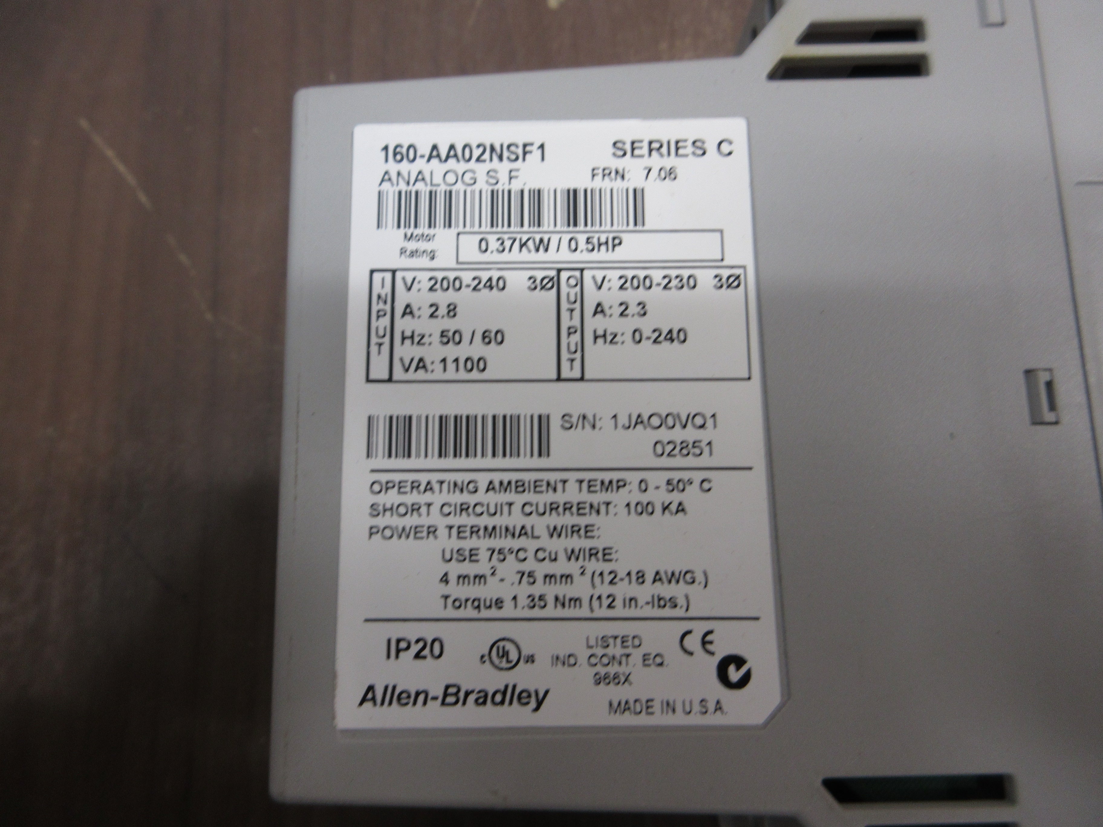 Allen-Bradley Analog S.F. Speed Controller 160-AA02NSF1 Ser. C FRN: 7.06 0.5HP