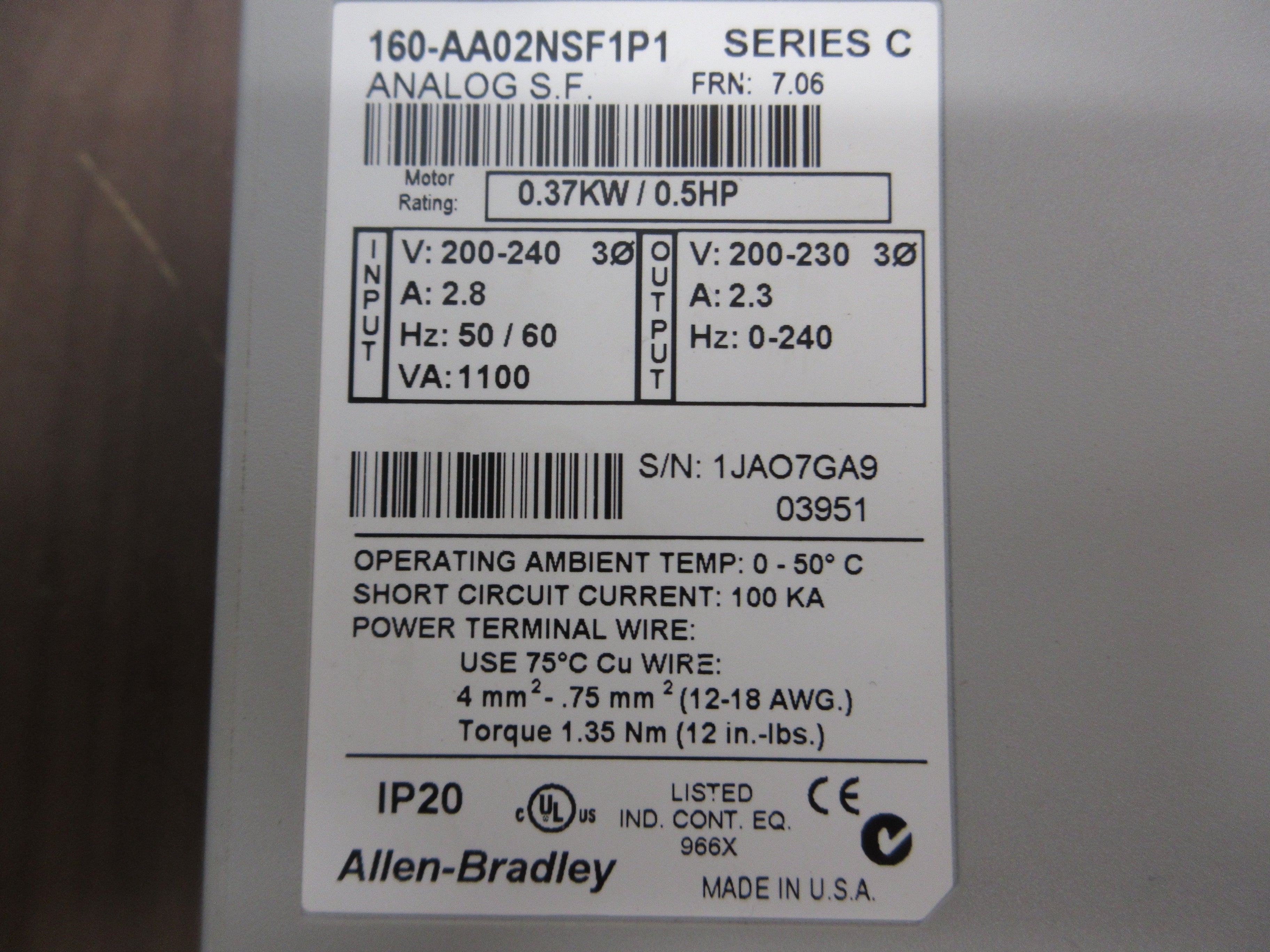 Allen-Bradley Analog S.F. Speed Controller 160-AA02NSP1 Ser. C FRN: 7.06 0.5HP