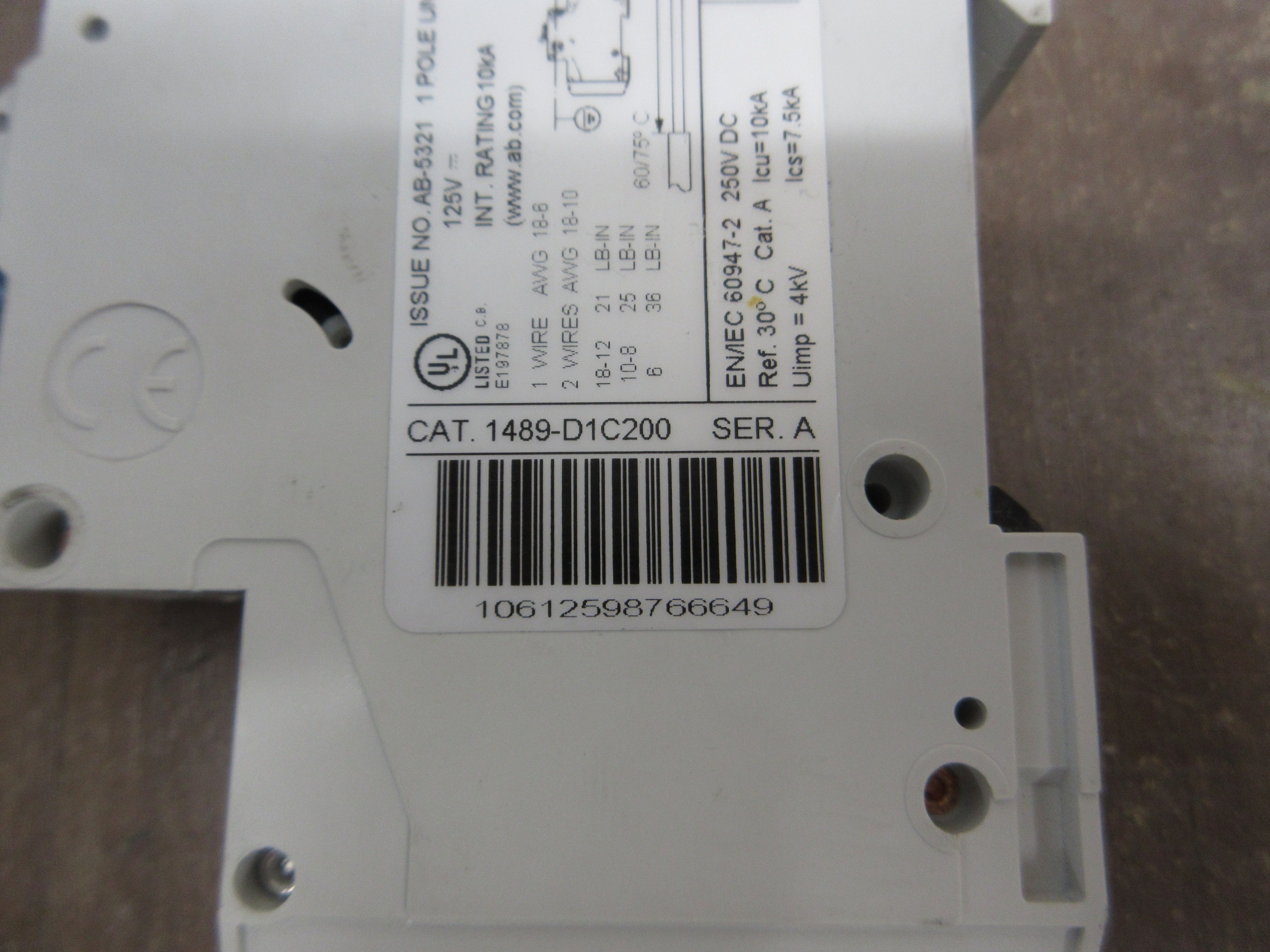 Allen-Bradley Circuit Breaker 1489-D1C200 Ser. A 20A 125VDC 1P Used