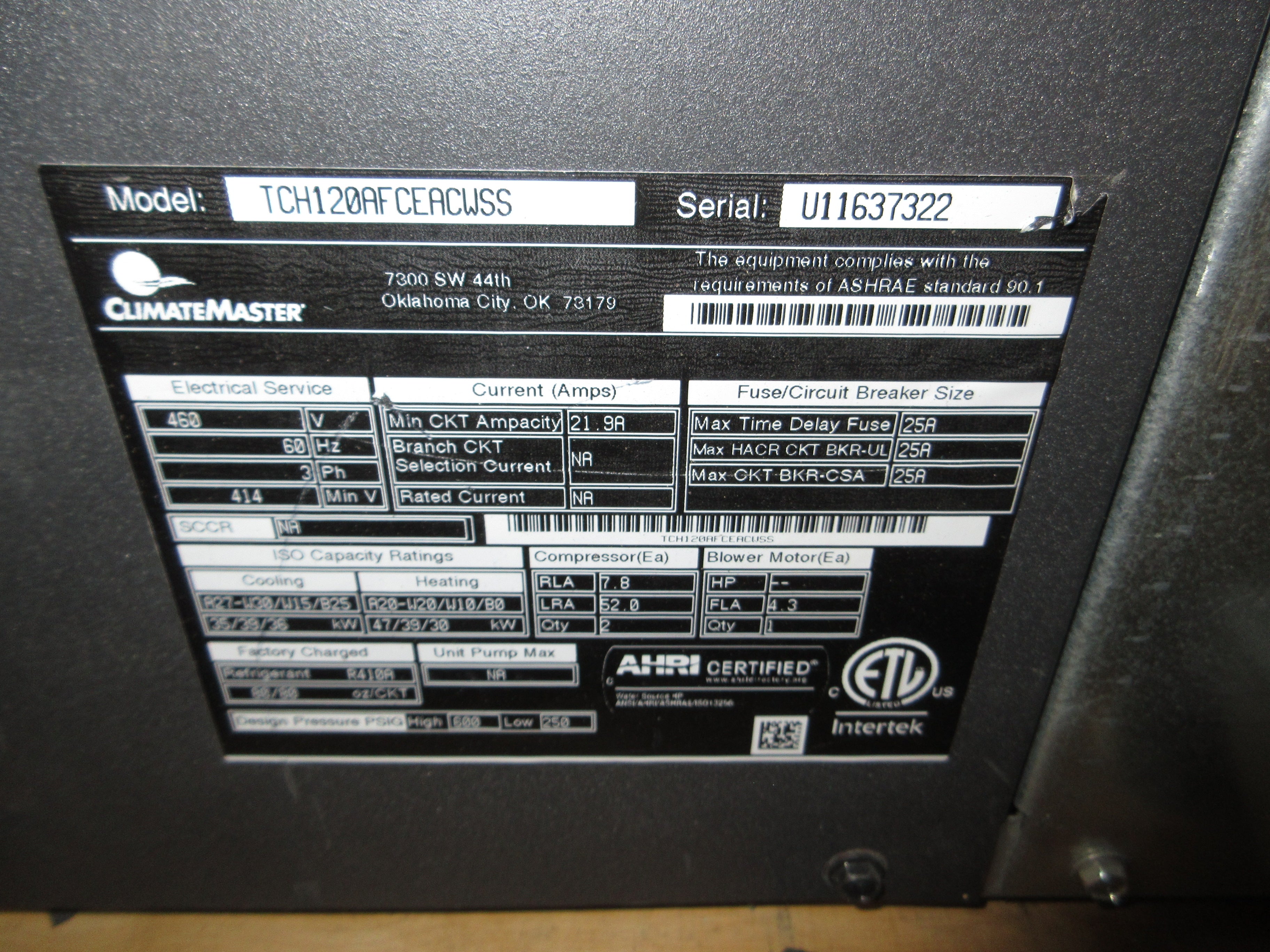 ClimateMaster Tranquility Water-Source Heat Pump TCH120AFCEACWSS 460V 60Hz 3Ph Used