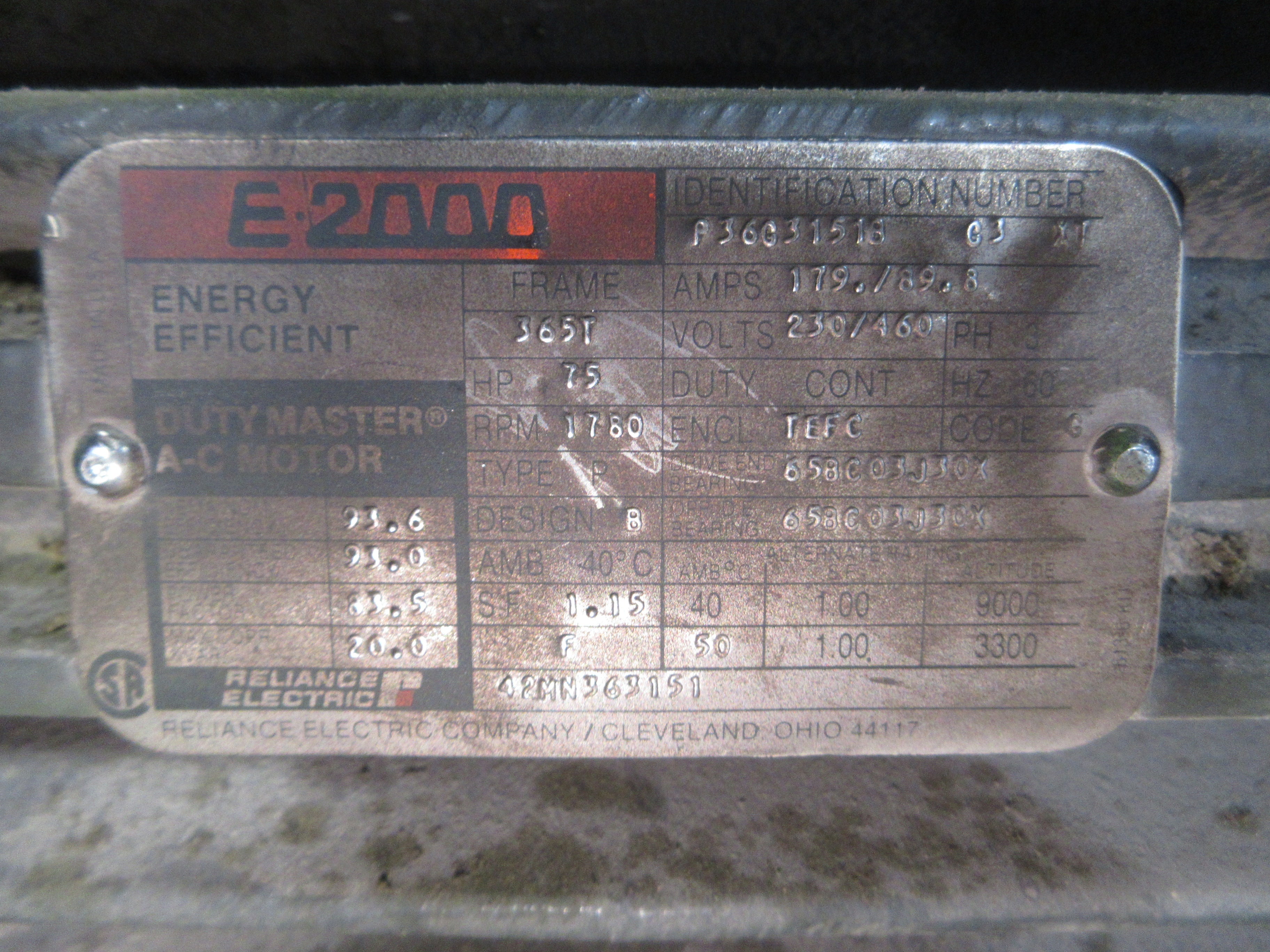 Reliance Electric AC Motor P36G31518 G3 XT 75HP 1800RPM 230/460V 179/89.8A Used