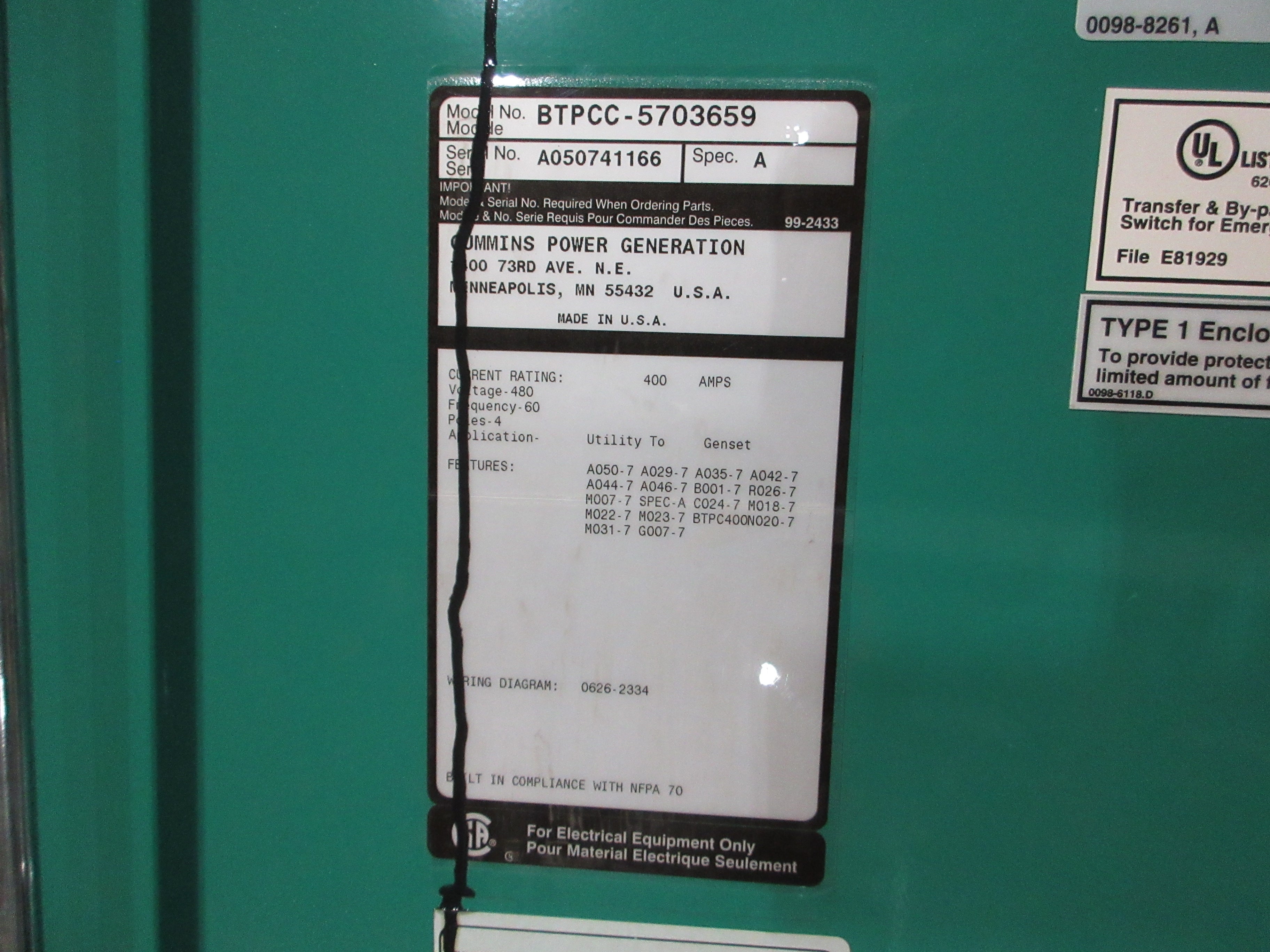 Cummins PowerCommand Automatic Transfer Switch w/ Bypass BTPCC-5703659 400A Used