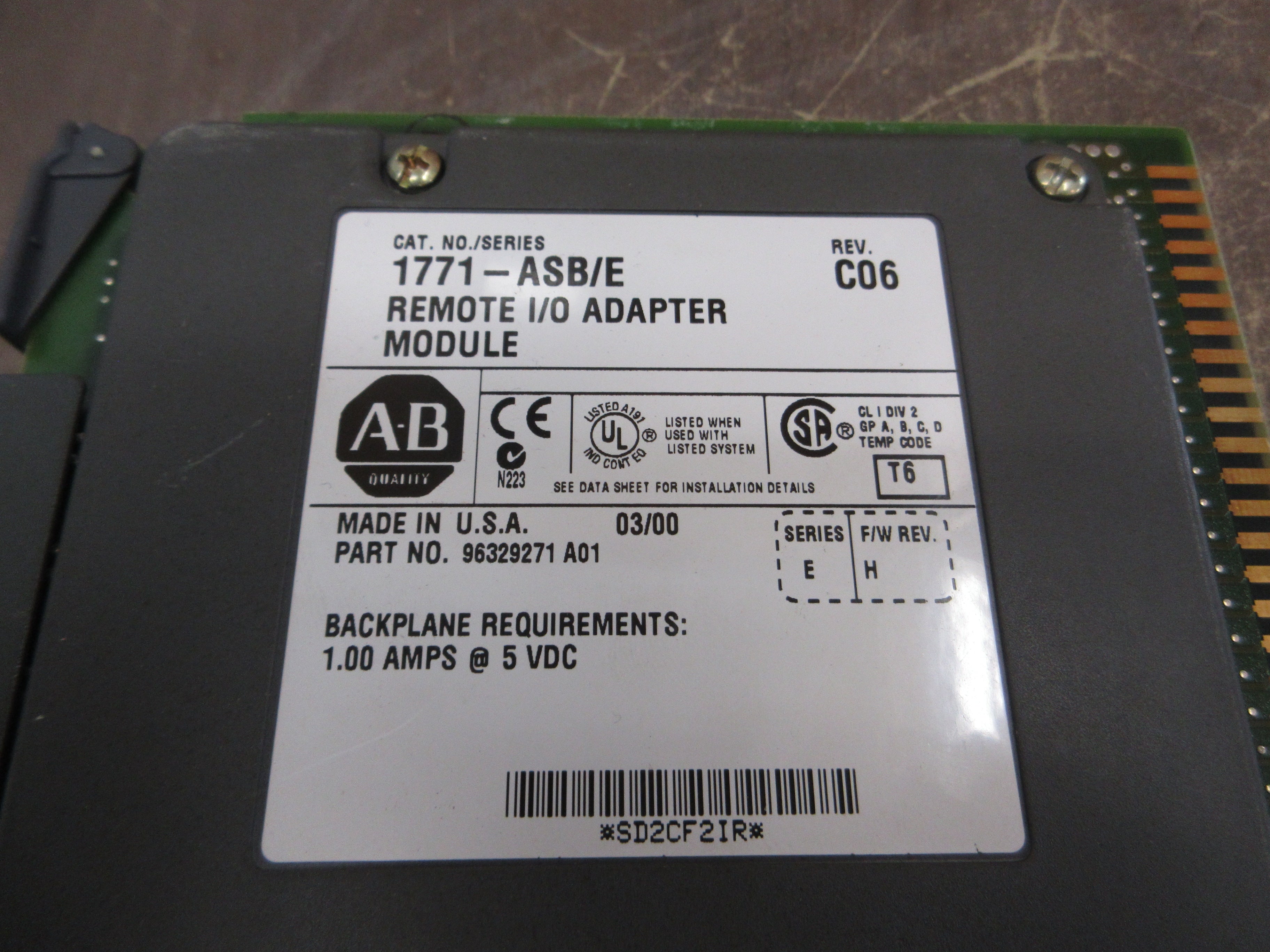 Allen-Bradley Remote I/O Adapter Module 1771-ASB Ser. E Rev. C06 F/W Rev. H Used