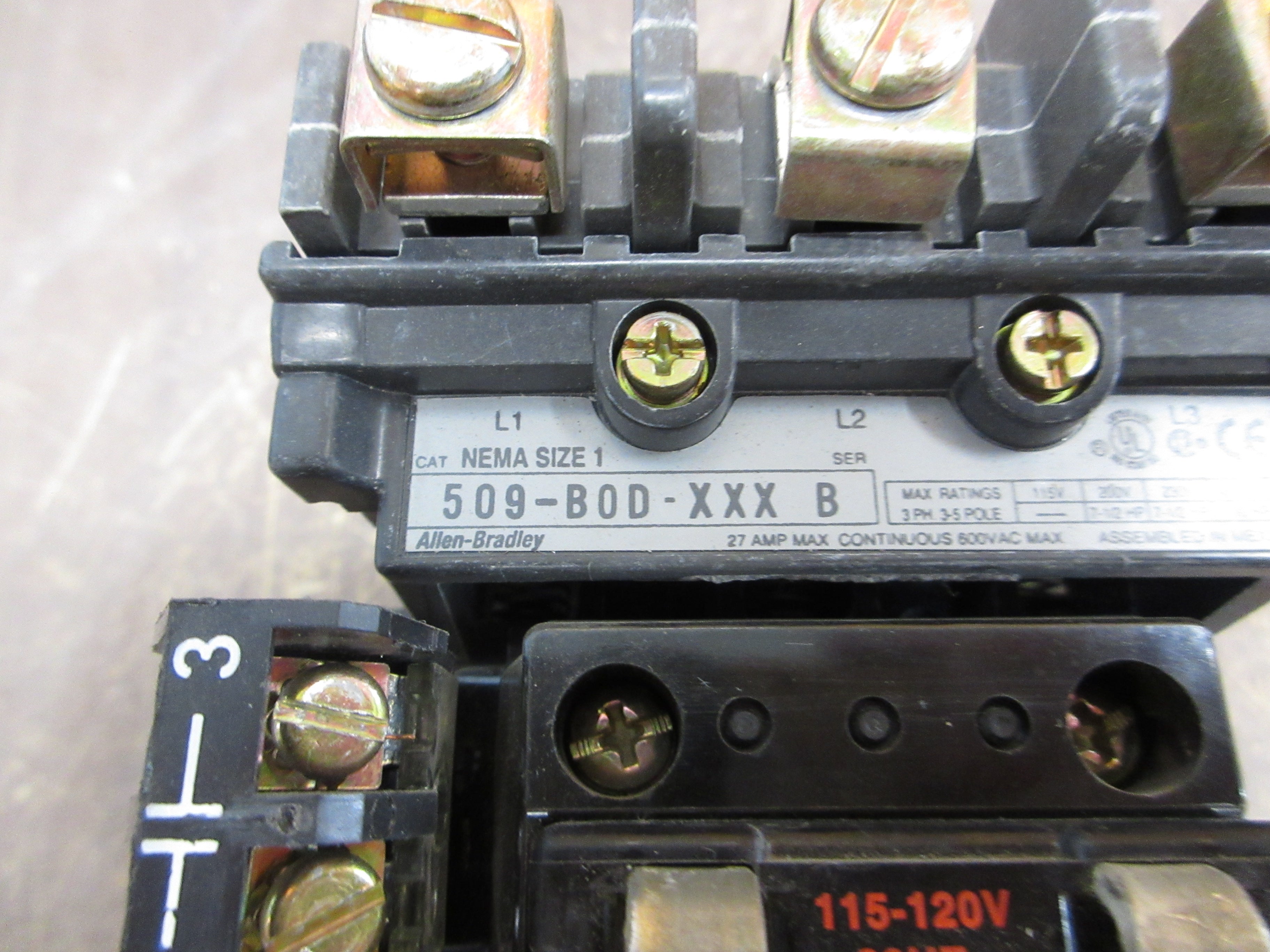 Allen-Bradley Size 1 Starter 509-BOD-XXX/592-EC1BC 115-120V Coil Trip: 3-15A