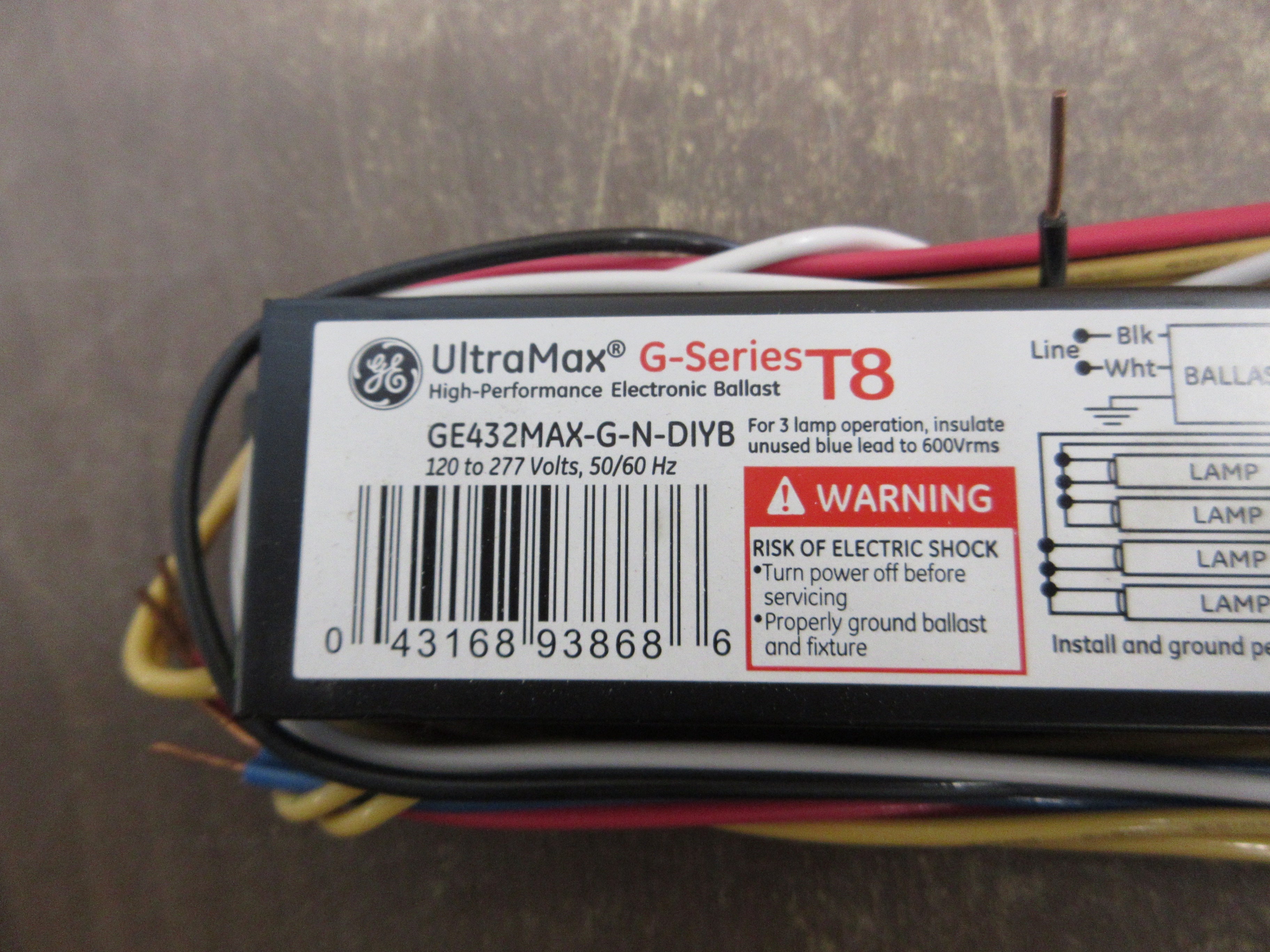 GE UltraMax G-Series T8 Electronic Ballast GE432MAX-G-N-DIYB 120-277V 50/60Hz