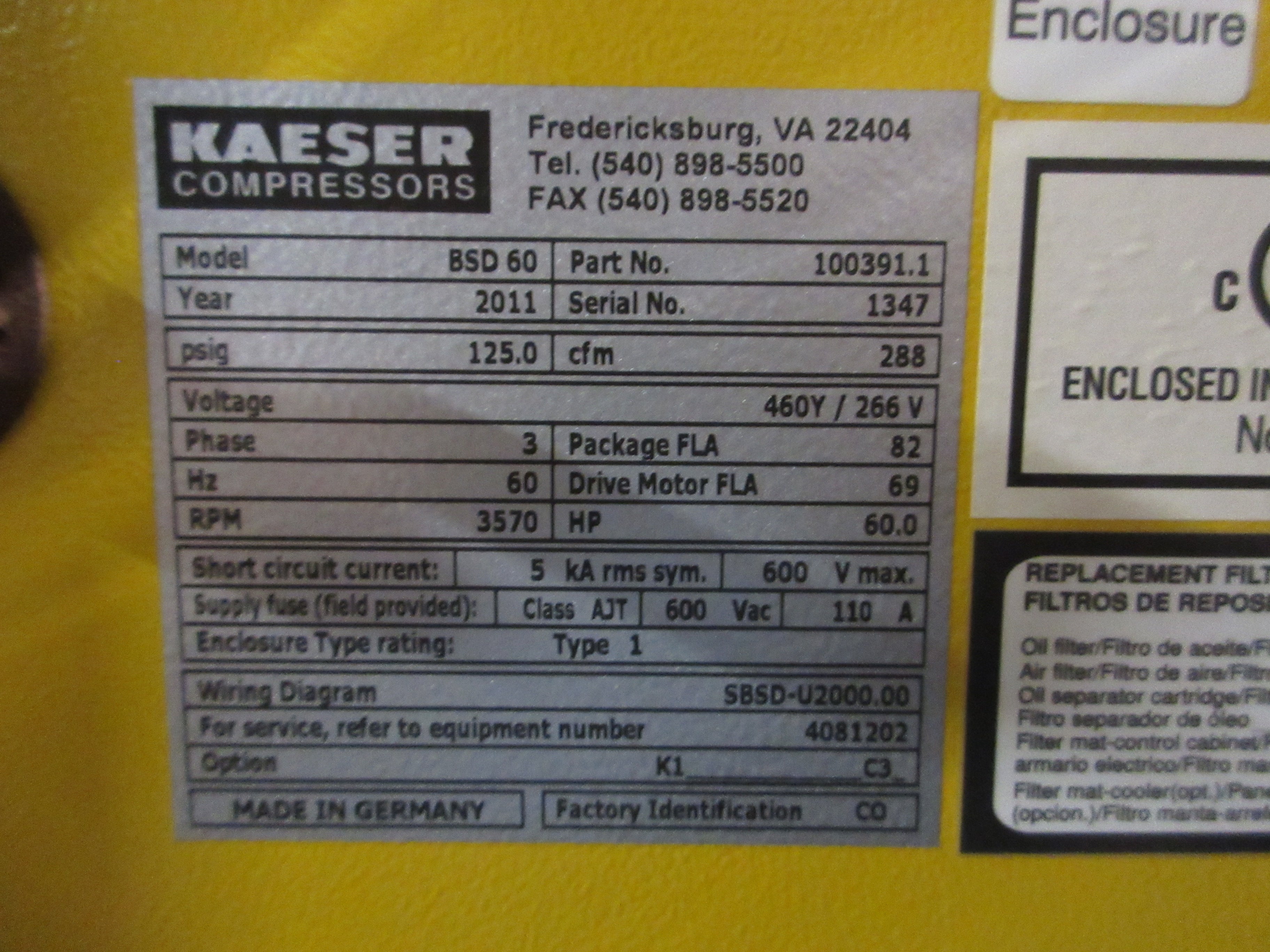 Kaeser Sigma Rotary Screw Air Compressor BSD 60 60HP 288 cfm 460Y/266V 3Ph Used