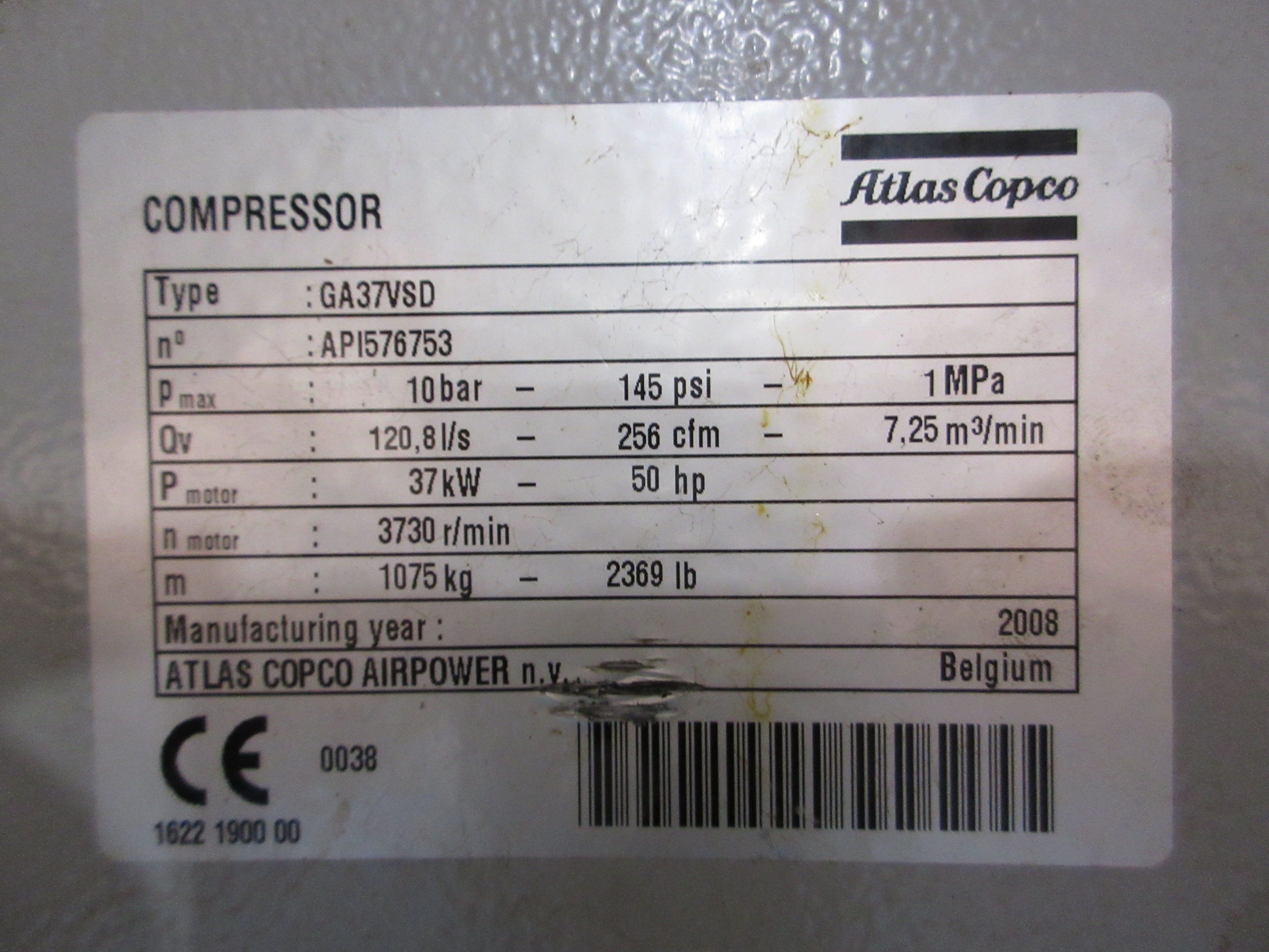 Atlas Copco WorkPlace Air System Rotary Screw Air Compressor GA37VSD 50HP Used