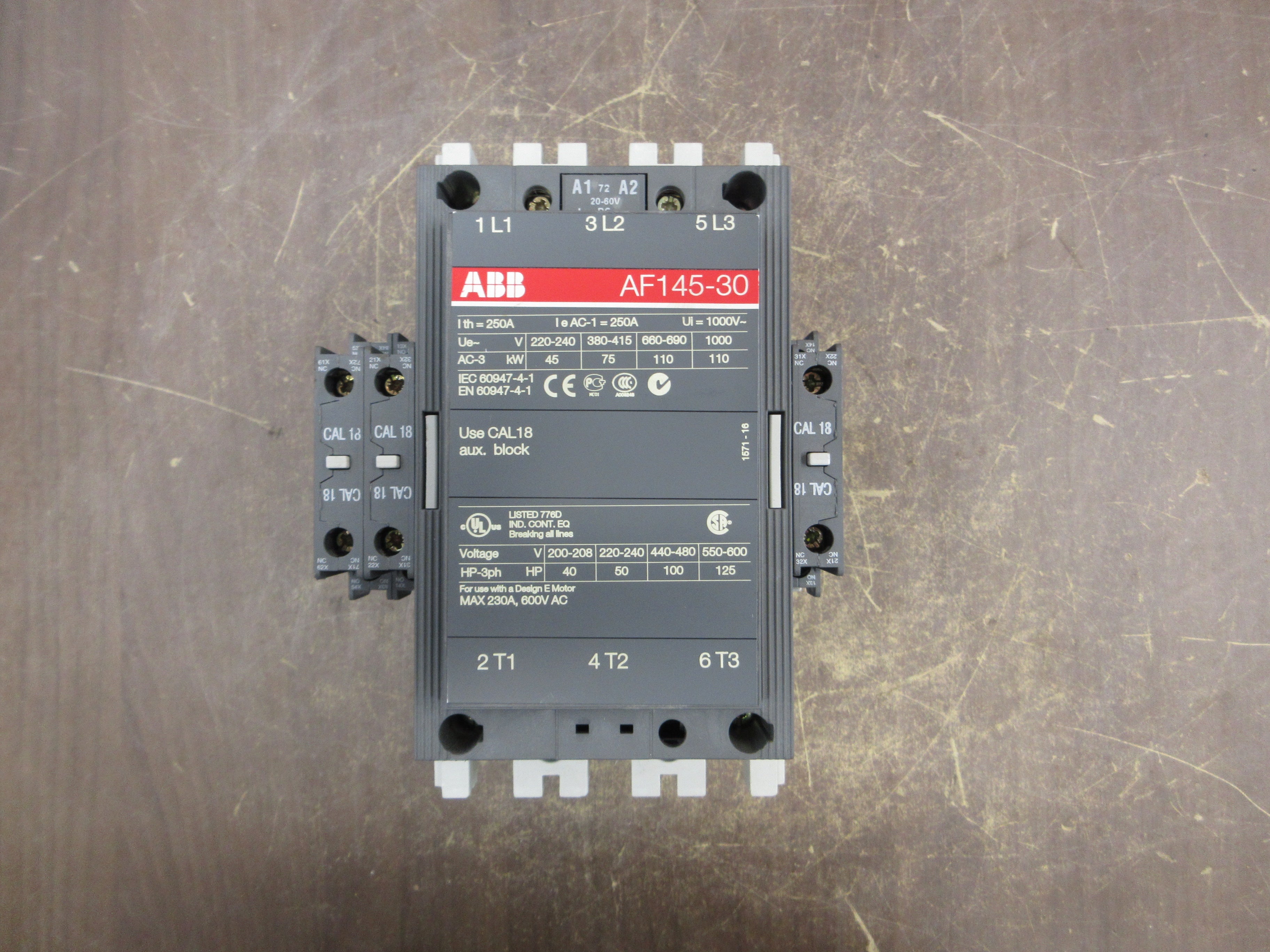 ABB Contactor AF145-30 20-60VDC Coil 230A 600V (3) Aux Contacts Used