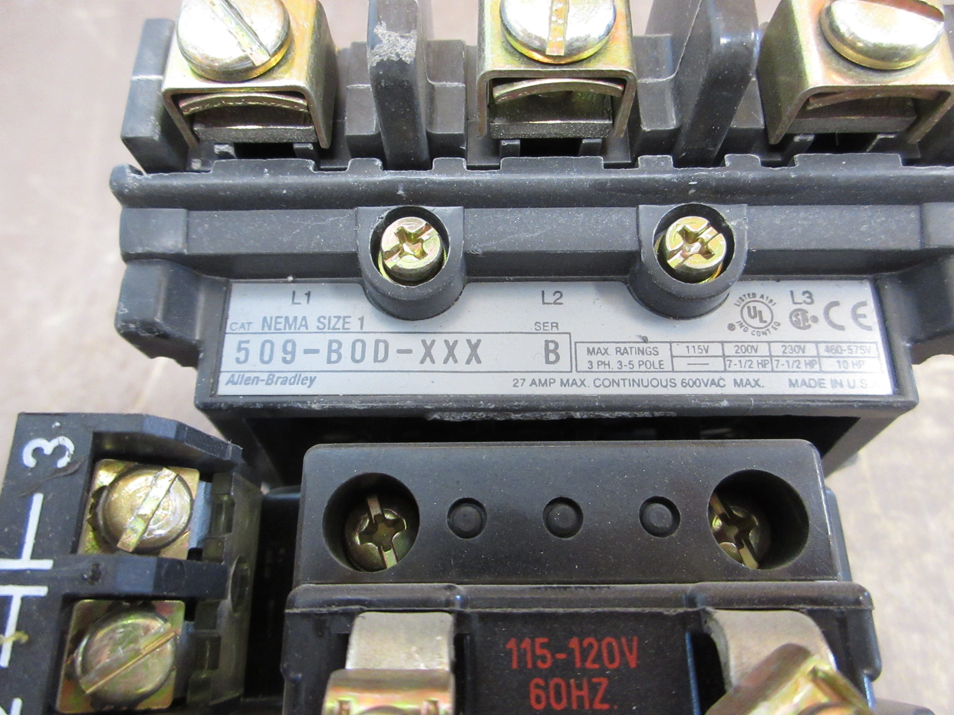 Allen-Bradley Size 1 Starter 509-BOD-XXX / 592-EC2BC 115-120V Coil Trip: 3-15A