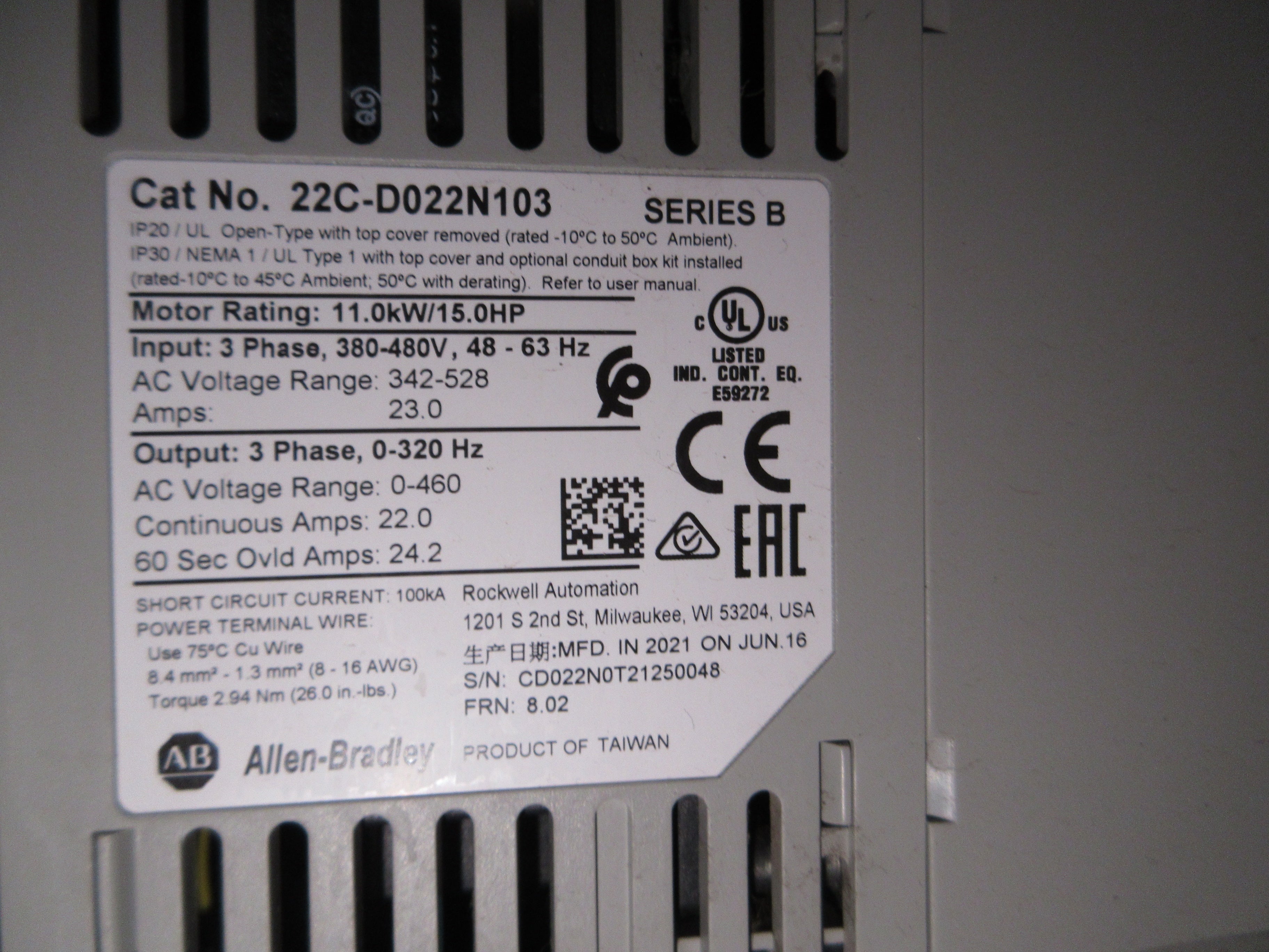 Allen-Bradley PowerFlex 400 AC Drive w/ Bypass 22C-D022N103 Ser. B 15HP 3Ph Used