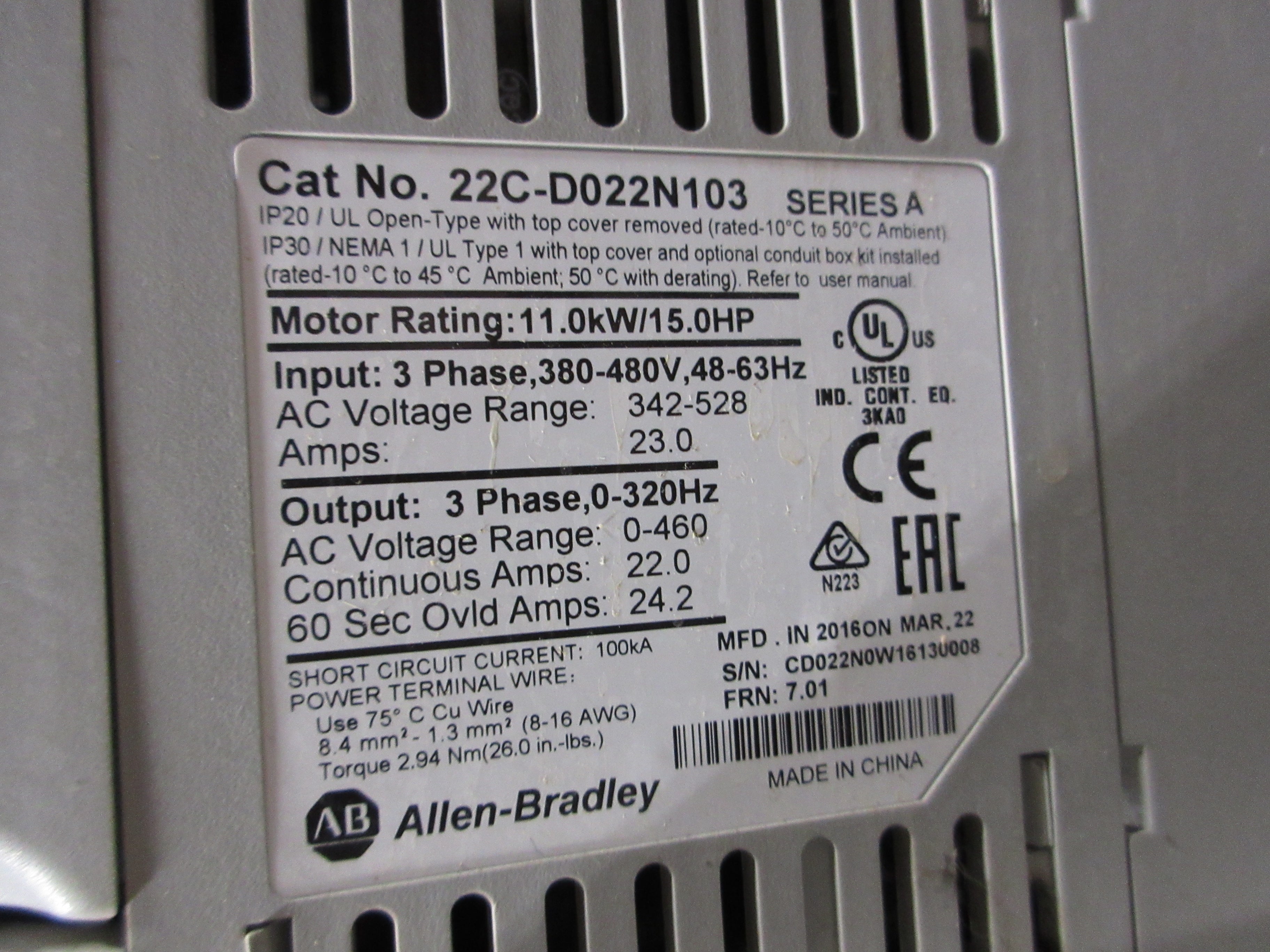 Allen-Bradley PowerFlex 400 AC Drive w/ Bypass 22C-D022N103 Ser. A 15HP 3Ph Used