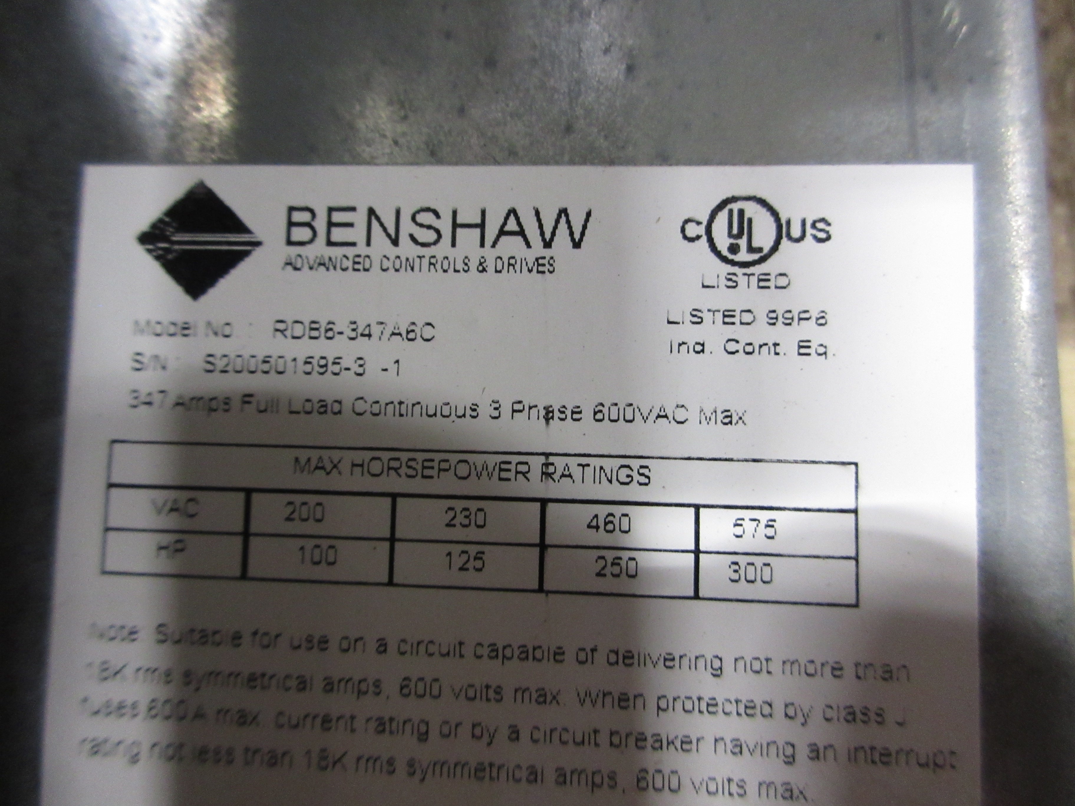 Benshaw Soft Start RDB6-347A6C 300HP 600V 3Ph 347A Used