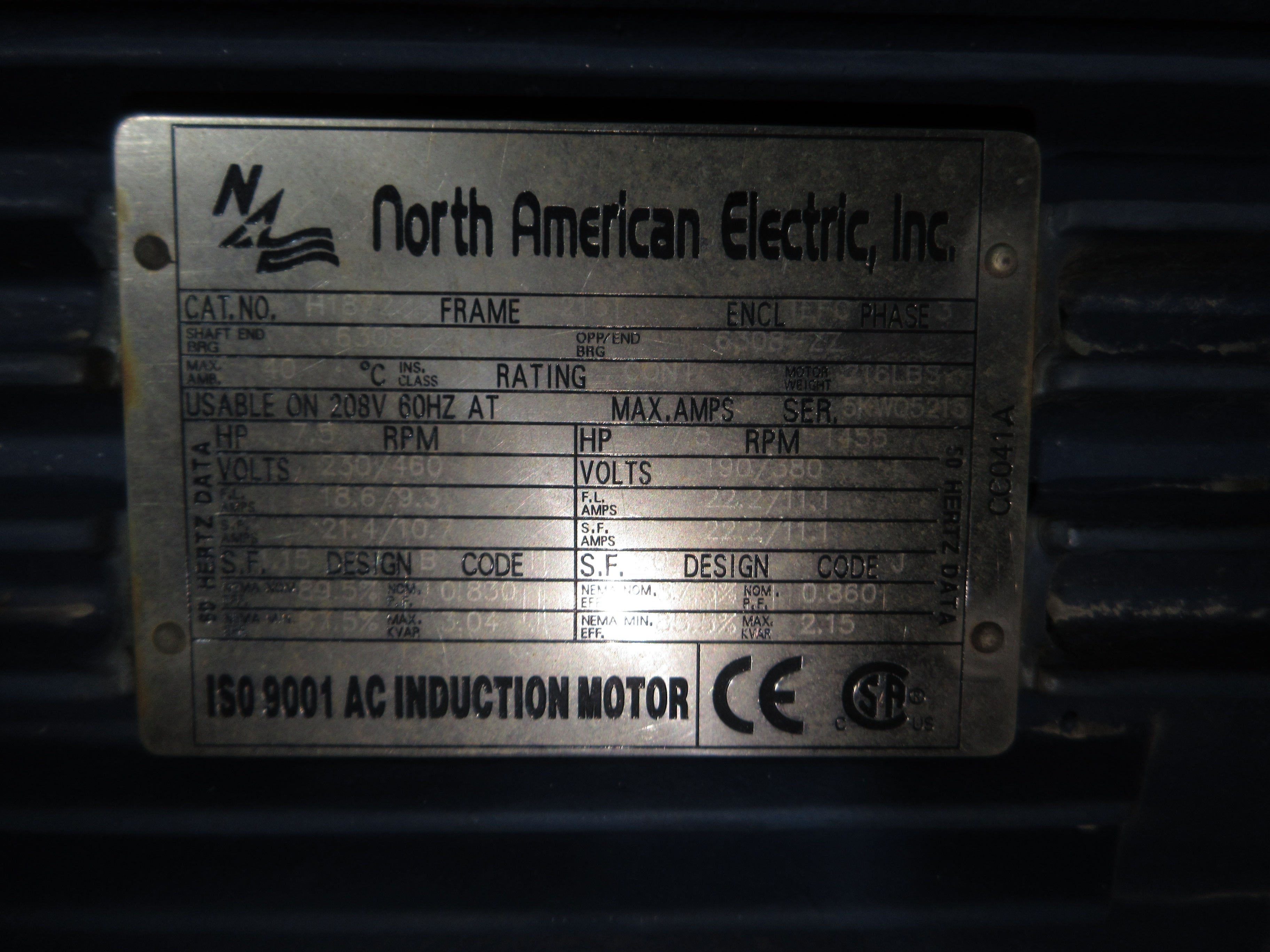 North American Electric AC Induction Motor H1872 7.5HP 1800RPM 18.6/9.3A 50/60Hz