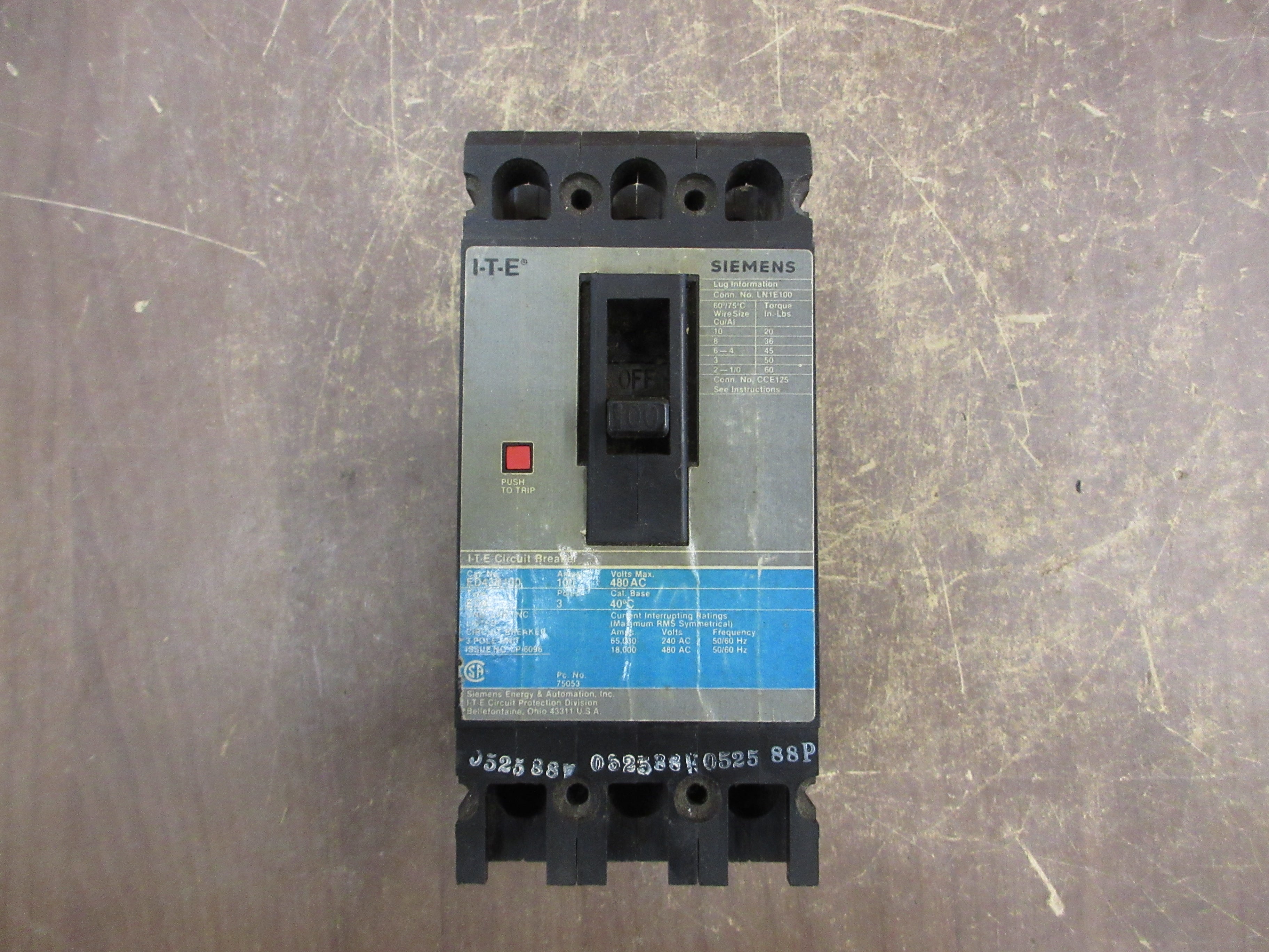Siemens ITE Circuit Breaker ED43B100 100A 480V 3P Used
