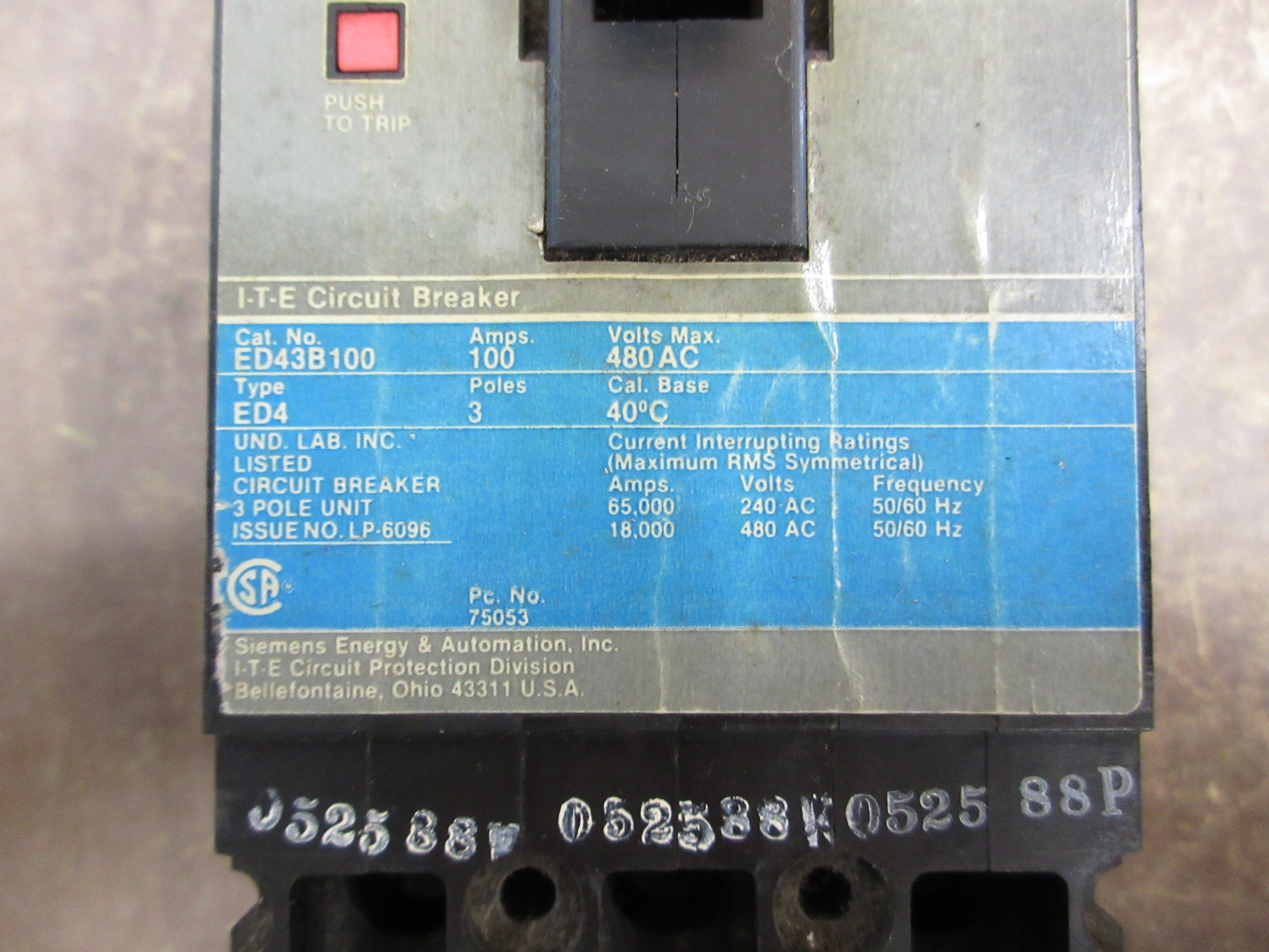 Siemens ITE Circuit Breaker ED43B100 100A 480V 3P Used