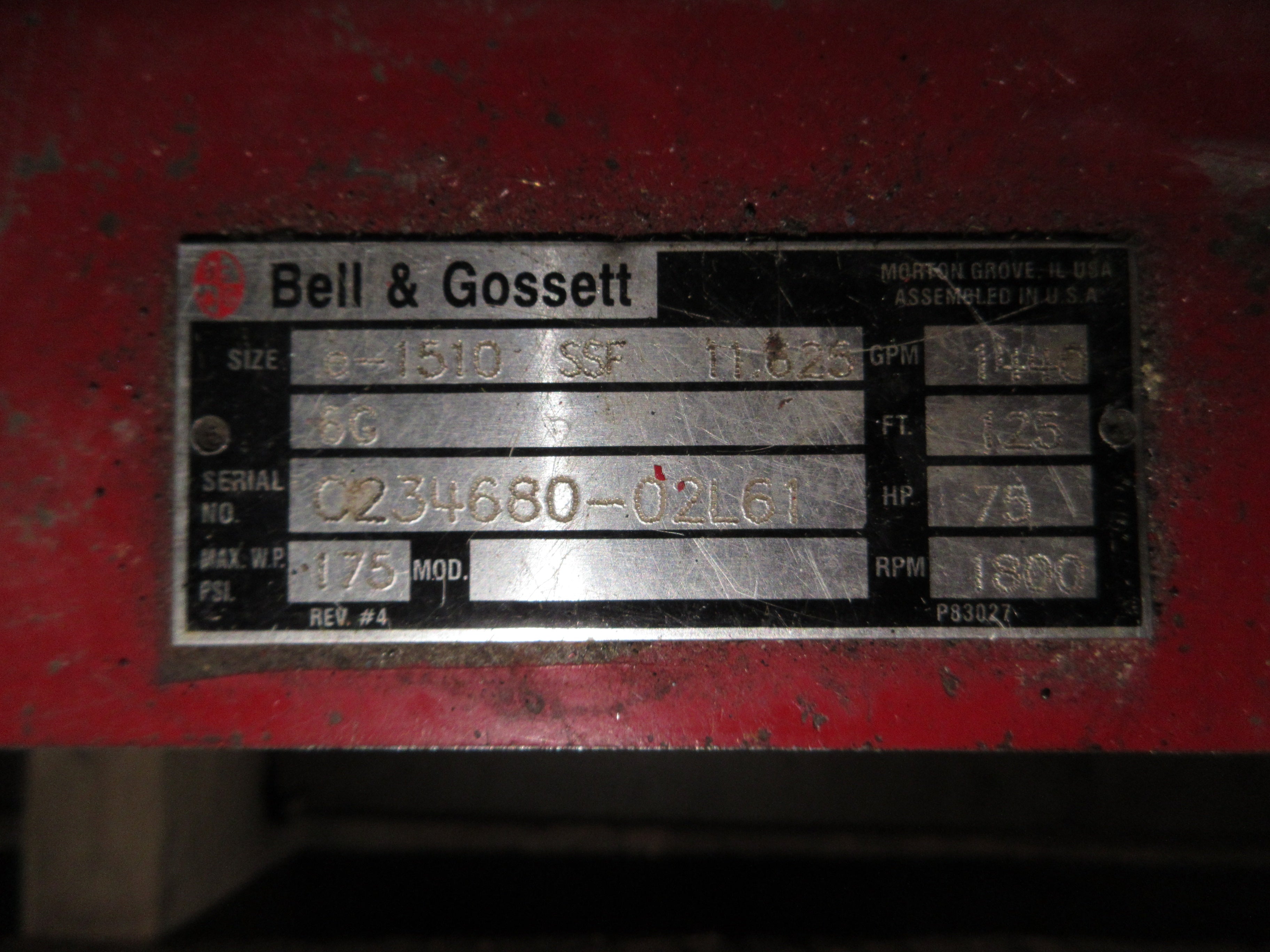 Bell & Gossett Pump e-1510 SSF 11.625 6G 75HP 1800RPM 1440GPM 125FT Head Used