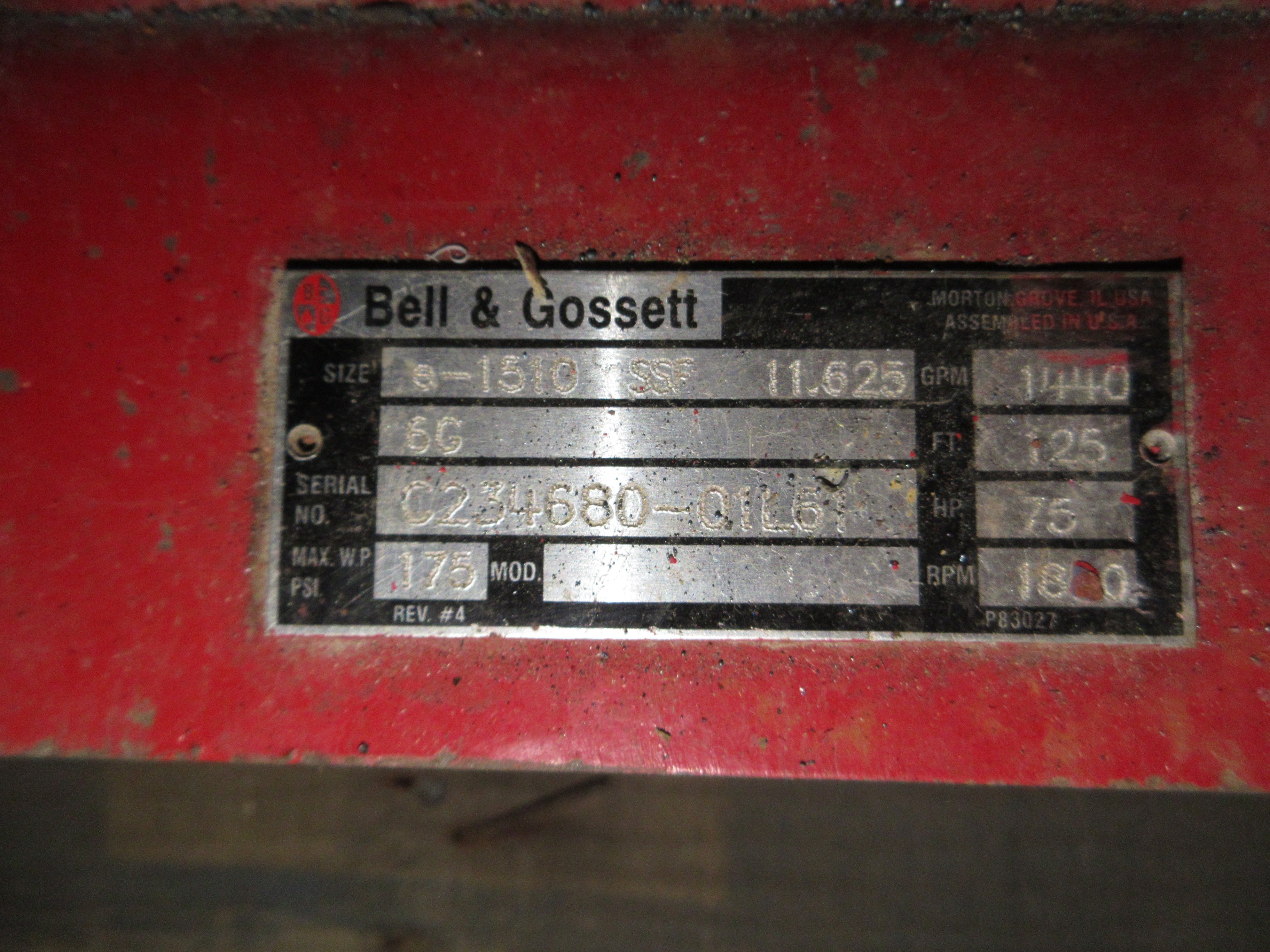 Bell & Gossett Pump e-1510 SSF 11.625 6G 75HP 1800RPM 1440GPM 125FT Head Used