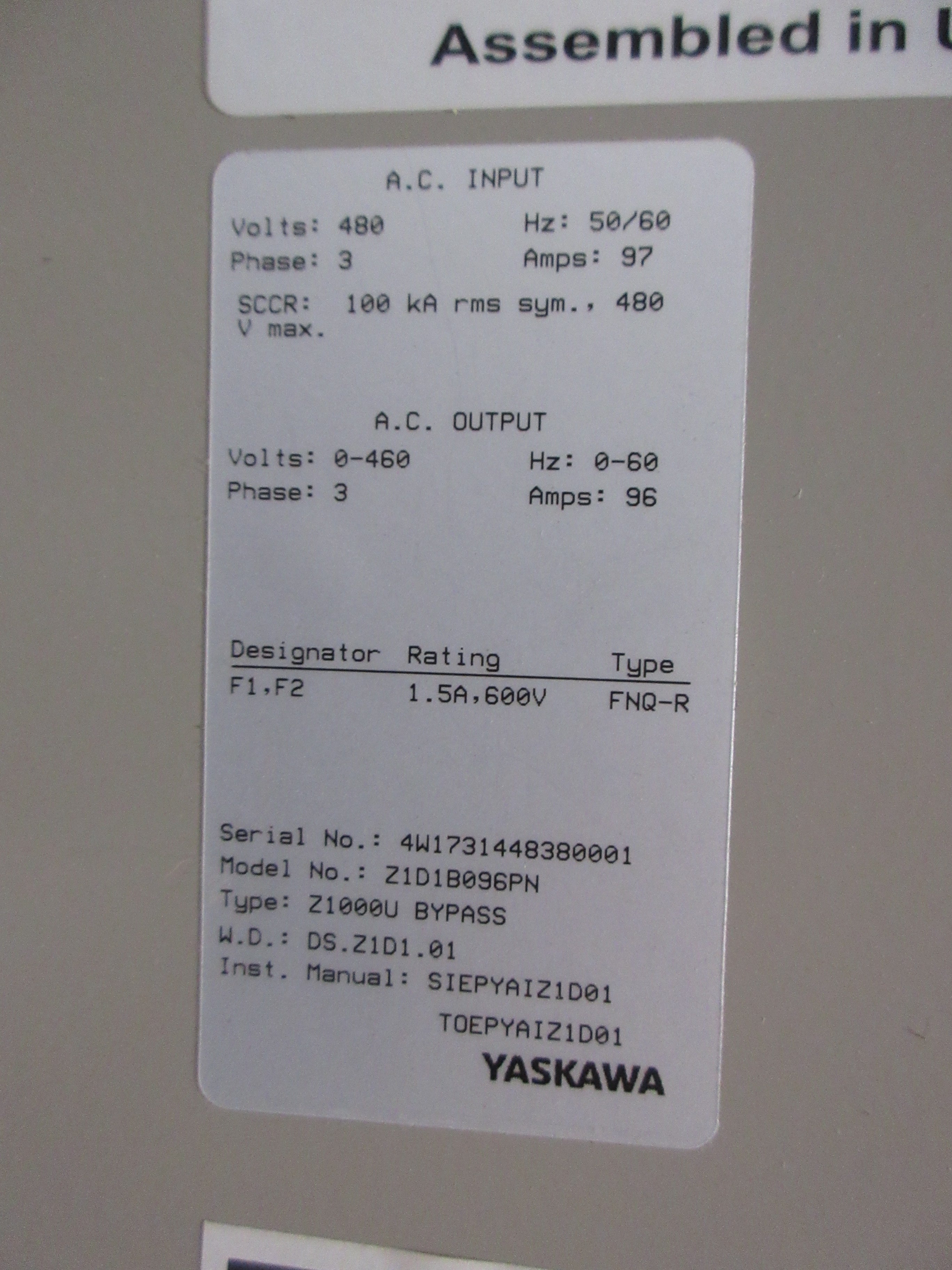 Yaskawa Z1000U AC Drive w/ Bypass Z1D1B096PN 75HP 3Ph Used