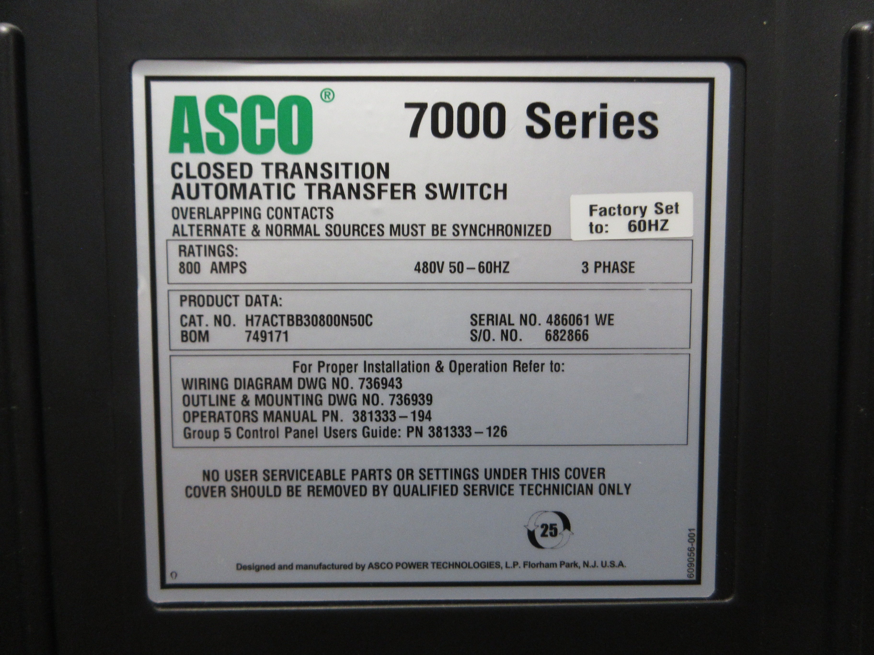 Asco 7000 Series Automatic Transfer Switch w/ Bypass H7ACTBB30800N50C 800A Used